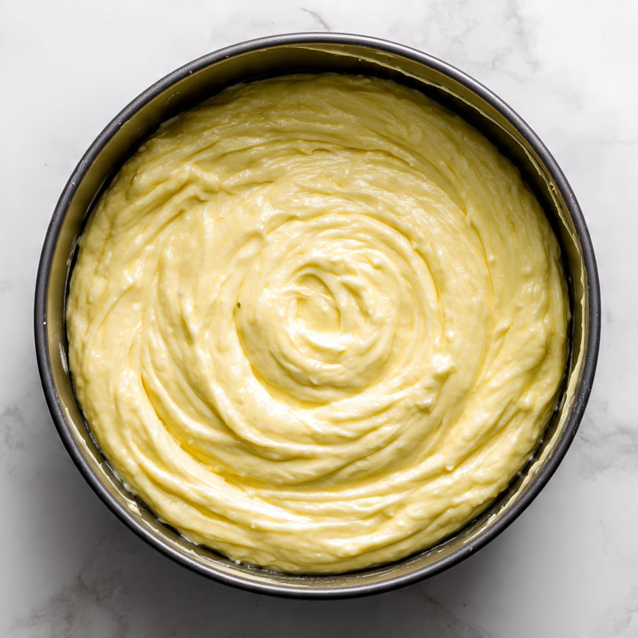 A close-up view of a thick, creamy batter in a dark metal bundt pan with a central hole. The batter is pale yellow with a smooth but slightly textured surface, spread evenly in a single thick layer inside the pan. Swirls and peaks suggest it was recently stirred or spread, with some batter settled on the pan edges. The metal pan contrasts with the creamy color of the batter, and the photo background features a white marbled texture. Photo taken with an iphone --ar 4:5 --v 7