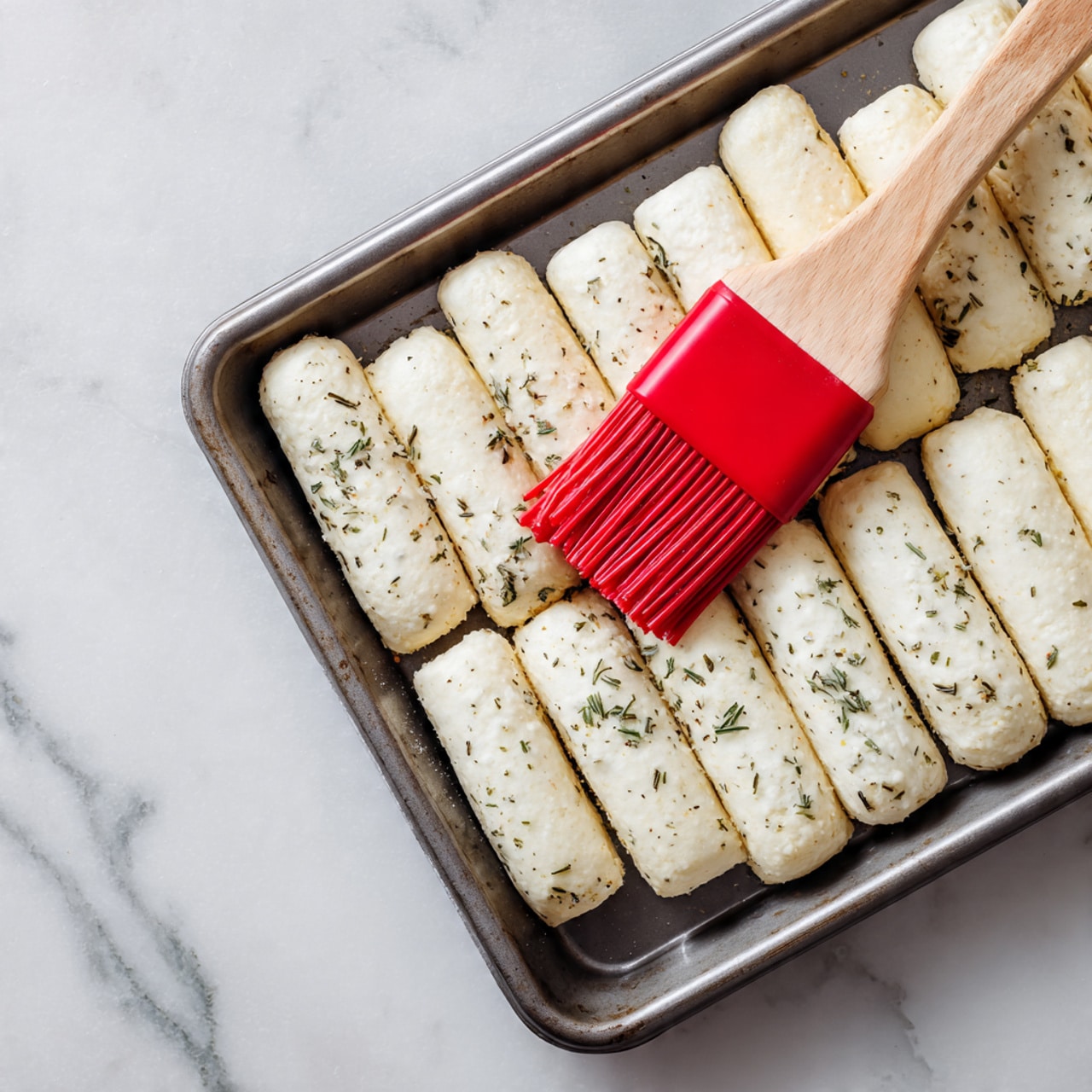 A white metal baking tray holds seven small uncooked dough rolls spaced evenly, each roll pale with a slightly rough texture and small green herb specks visible within. A woman's hand with polished nails holds a red silicone brush, spreading a shiny, light coating on the middle dough roll, with green herb bits caught in the bristles. The tray sits on a white marbled surface. Background items are blurred but include a brown paper bag. The whole scene looks bright and clean, focused on the dough and brushing action. photo taken with an iphone --ar 4:5 --v 7