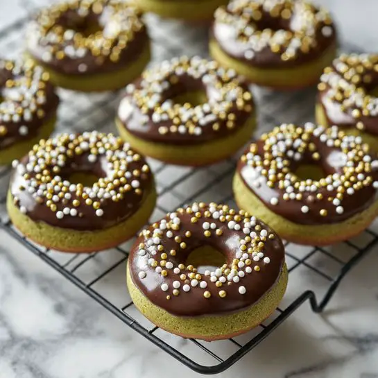 The image shows multiple round greenish donuts with a smooth chocolate layer spread on top of each one. The chocolate layer is thick and shiny, covering just the upper half of each donut. White, yellow, and light brown small round sprinkles are scattered over the chocolate on all the donuts. The donuts are arranged on a black metal cooling rack placed on a white marbled surface. The donuts have a soft texture and are evenly spaced on the rack. photo taken with an iphone --ar 4:5 --v 7