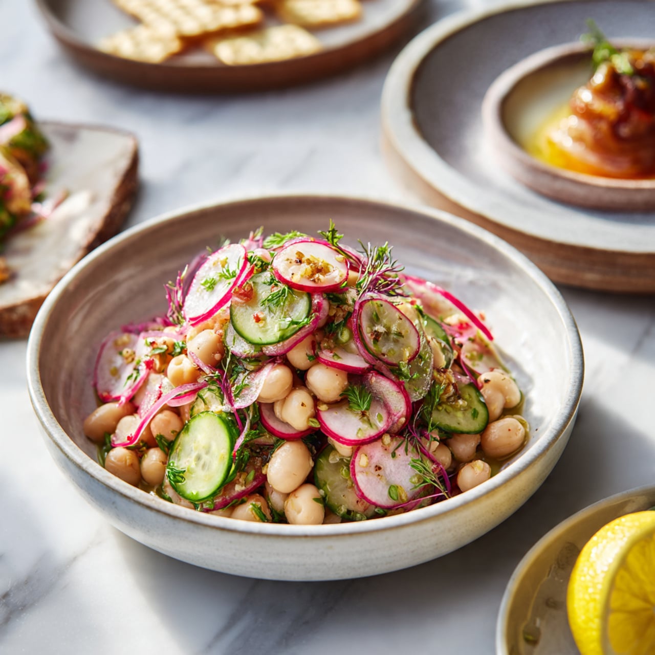 The image shows a white bowl filled with a fresh salad. The salad has three main layers: the base is made of small white beans, the middle layer has thinly sliced cucumber rounds with green skin and light green insides, and the top is mixed with thin strips of radish and small herb bits, possibly dill, giving a speckled green effect. The salad looks light and moist with some seasoning visible on top. The bowl is placed on a white marbled surface, with parts of other similar bowls and a plate with thin, triangular golden-brown snacks visible around it. A halved lemon is seen at the bottom left corner near the bowl. Photo taken with an iphone --ar 4:5 --v 7