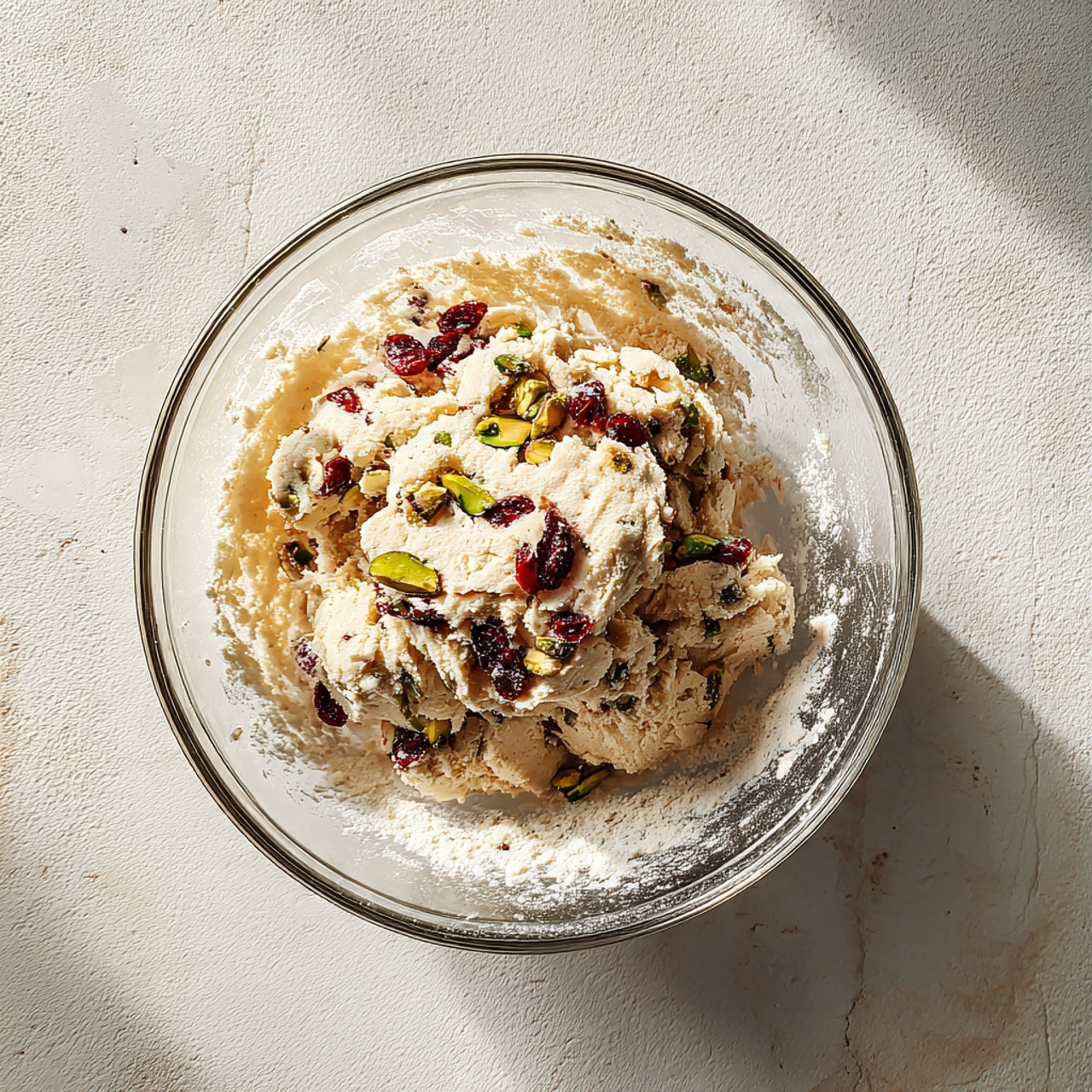 A round, clear glass bowl holds a thick dough mixture with an off-white color and scattered dark red and green bits inside, showing a rough, slightly sticky texture. The dough rests in the center of the bowl, which has flour dusted unevenly along its inner sides. The bowl sits on a flat surface with a white marbled texture. Photo taken with an iphone --ar 4:5 --v 7