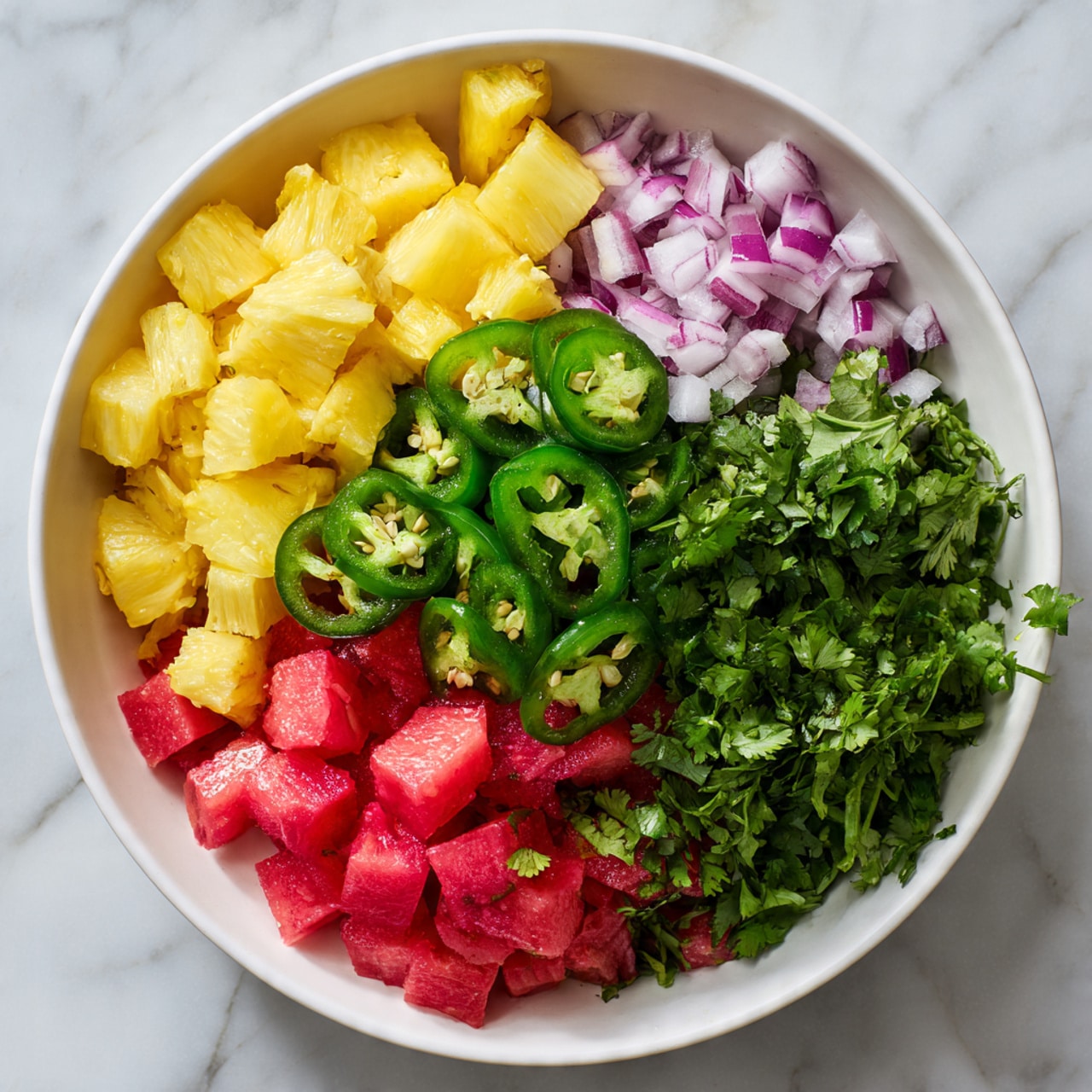 A white bowl sits on a white marbled surface, filled with five distinct layers of chopped ingredients. Starting from the top, there are yellow pineapple chunks, followed by finely chopped red onion on the right. In the center, bright green sliced jalapeños are piled. Below the jalapeños, there are vibrant red watermelon cubes, and to the left, a heap of fresh, leafy green cilantro. Each ingredient is separate, showing clear, fresh colors and textures. photo taken with an iphone --ar 4:5 --v 7