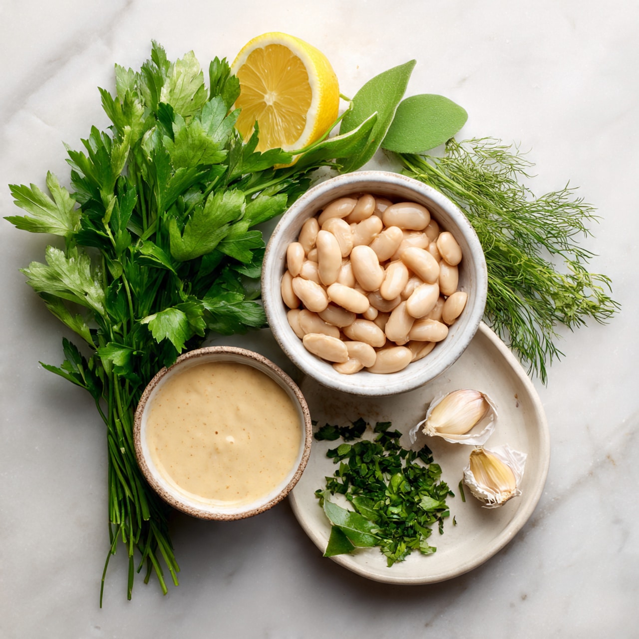 The image shows four groups of ingredients placed on a white marbled surface. On the left side, there is a bunch of fresh green herbs including parsley, chives, and mint, with small loose mint leaves scattered nearby. To the right of the herbs, there is a small white bowl filled with light beige cooked beans. Above this bowl, a small white plate holds a half lemon slice and a single clove of garlic. Below the beans bowl, another white bowl contains a creamy beige sauce. The overall colors contrast well with the white marbled surface. photo taken with an iphone --ar 4:5 --v 7