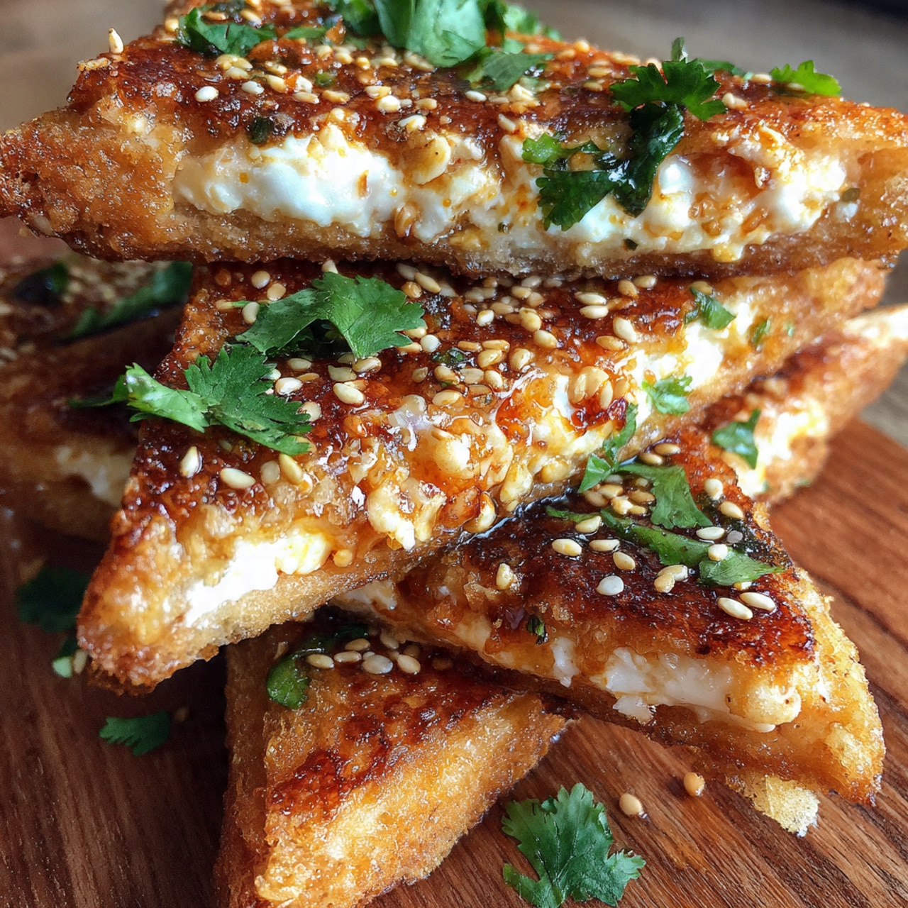 The image shows a stack of golden-brown, crispy triangular pieces arranged on a white plate with a textured surface. Each triangular piece has a crunchy, toasted outer layer with a light sprinkling of toasted sesame seeds and fresh green cilantro leaves on top. Inside each piece, there is a creamy white filling mixed with chopped green herbs, visible at the edges. The triangles are piled unevenly, showing both the crispy outer texture and the soft inside. The plate sits on a white marbled surface, adding brightness to the scene. photo taken with an iphone --ar 4:5 --v 7