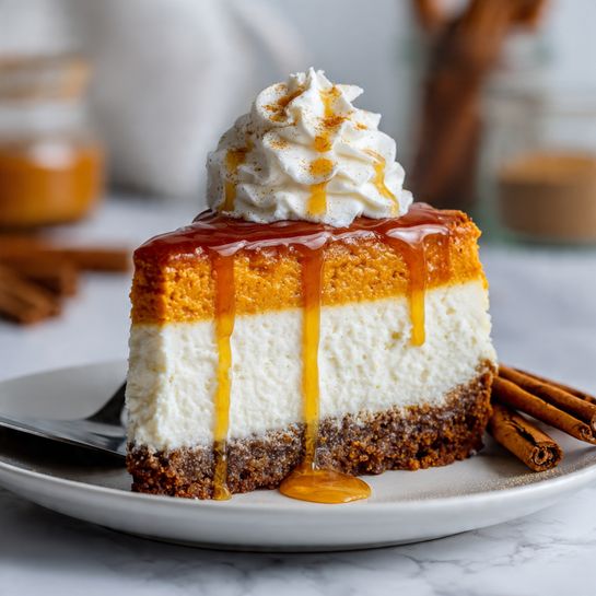 A slice of pumpkin cheesecake sits on a white plate on a white marbled surface, showing three layers: a dark brown crumbly crust at the bottom, a creamy white middle layer, and a thick orange pumpkin layer on top. The pumpkin layer is smooth and dense, with some sauce dripping down the sides. On top of the cheesecake is a dollop of white whipped cream with golden syrup drizzled over it. To the left, a woman's hand holds a spatula with another slice of the cheesecake. Two cinnamon sticks lie next to the plate, and blurred jars with baking ingredients are in the background. photo taken with an iphone --ar 4:5 --v 7