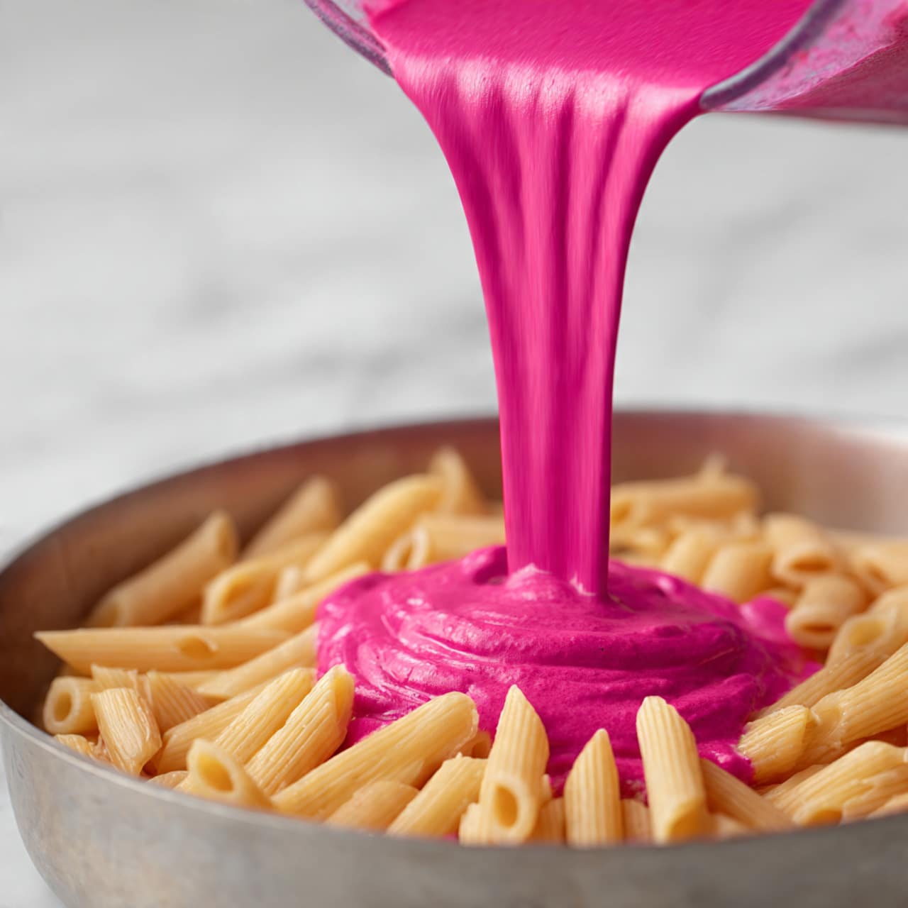 The image shows a metal pan filled with plain light yellow penne pasta as the base layer. On top, a thick, bright pink sauce is being poured from a blender jar, creating a smooth, creamy texture that spreads over the pasta. The background has a white marbled texture that contrasts with the colors of the pasta and sauce. The photo is close-up, capturing the pouring motion of the sauce in detail. photo taken with an iphone --ar 4:5 --v 7
