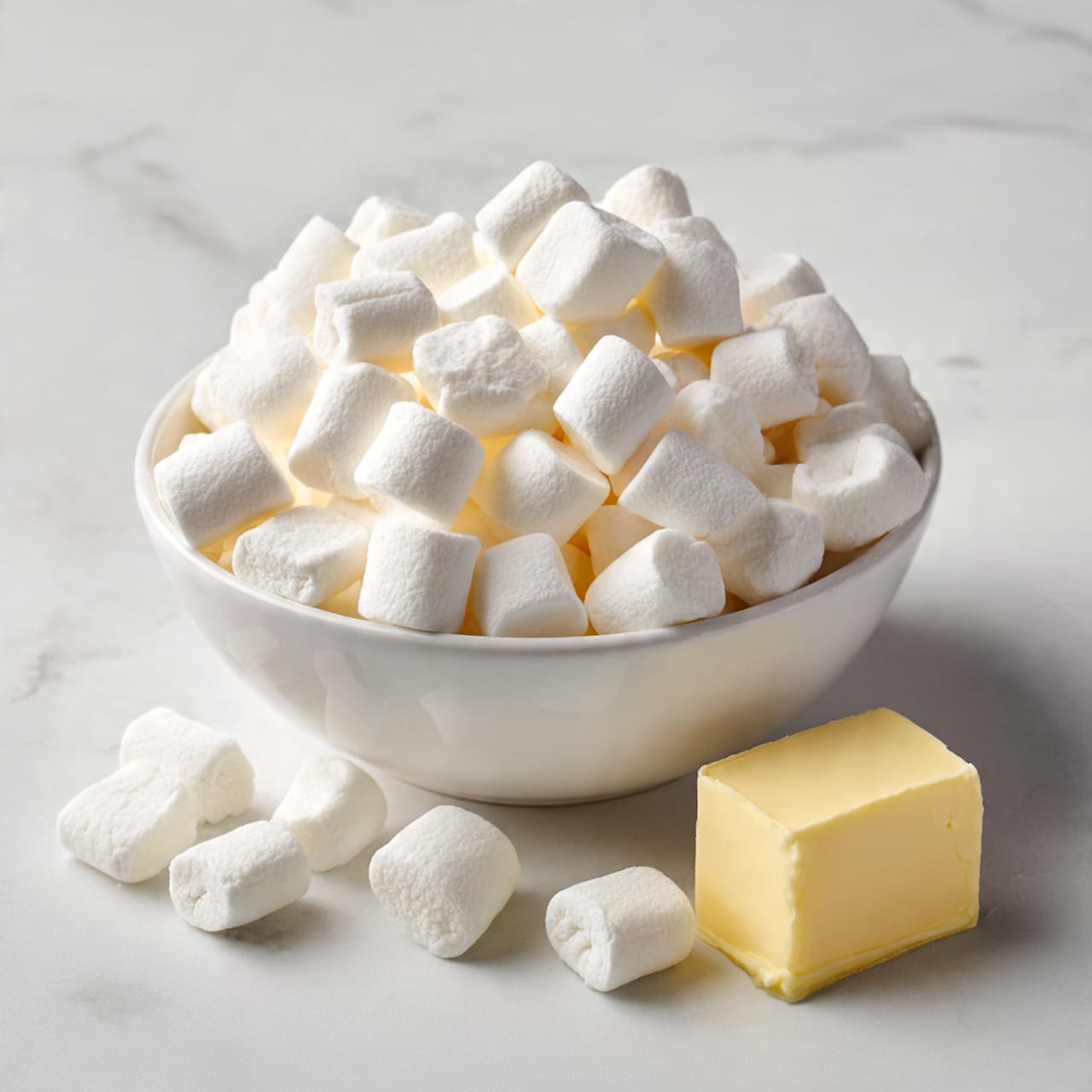 A white bowl is filled with many small white marshmallows creating a soft, fluffy texture. On top of the marshmallows, near the center, there is one thick piece of pale yellow butter shaped like a cube. The background shows a white marbled texture under soft natural light. photo taken with an iphone --ar 4:5 --v 7