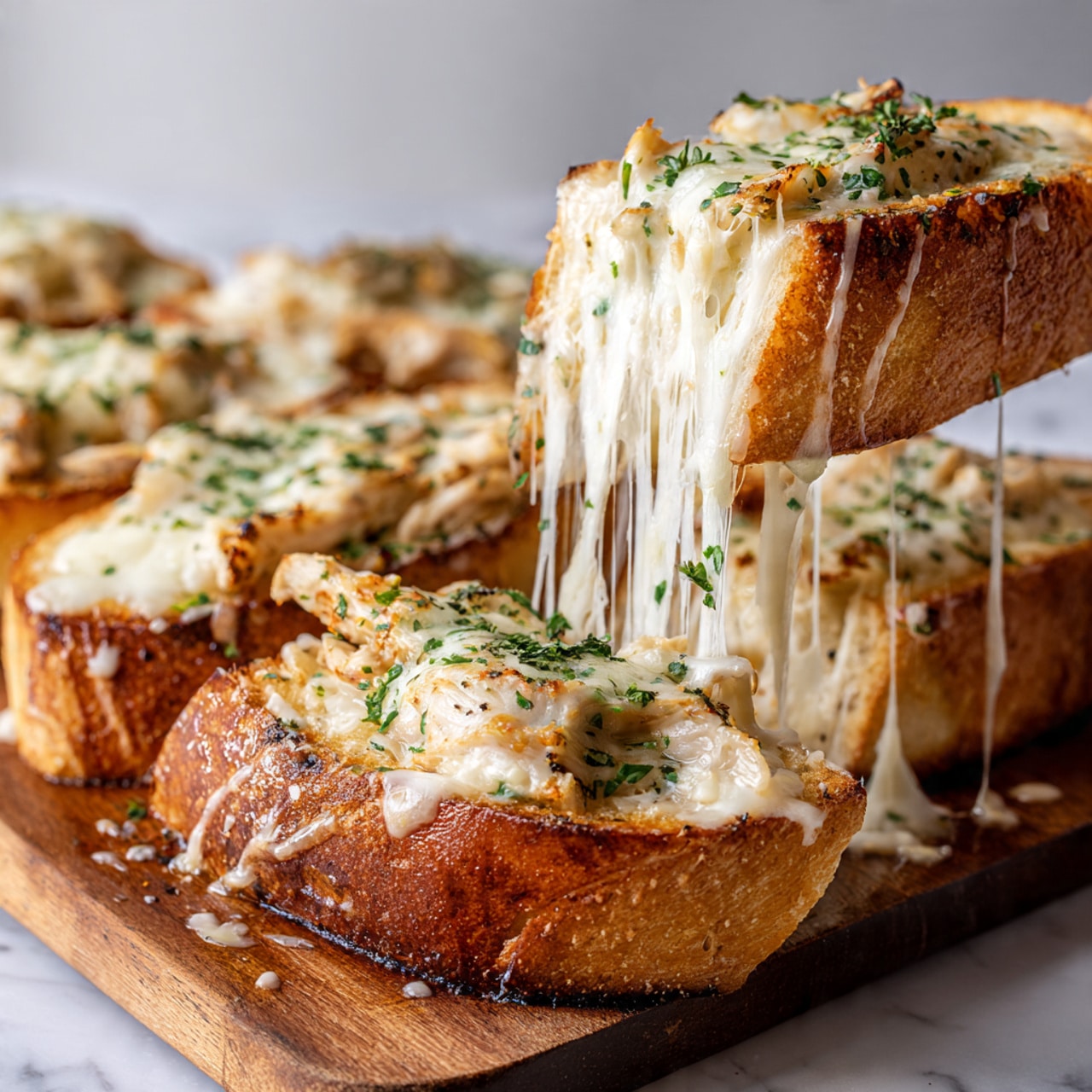 Two long slices of toasted bread lie side by side on a black baking tray lined with white parchment paper, placed on a white marbled surface. Each bread slice is topped with an even layer of light-colored cooked chicken pieces mixed with bits of green herbs, all covered by a layer of melted, slightly browned cheese that creates a smooth and bubbly texture with golden spots on top. The edges of the bread are crispy and golden brown, adding a crunchy contrast to the soft and melted topping. Photo taken with an iphone --ar 4:5 --v 7