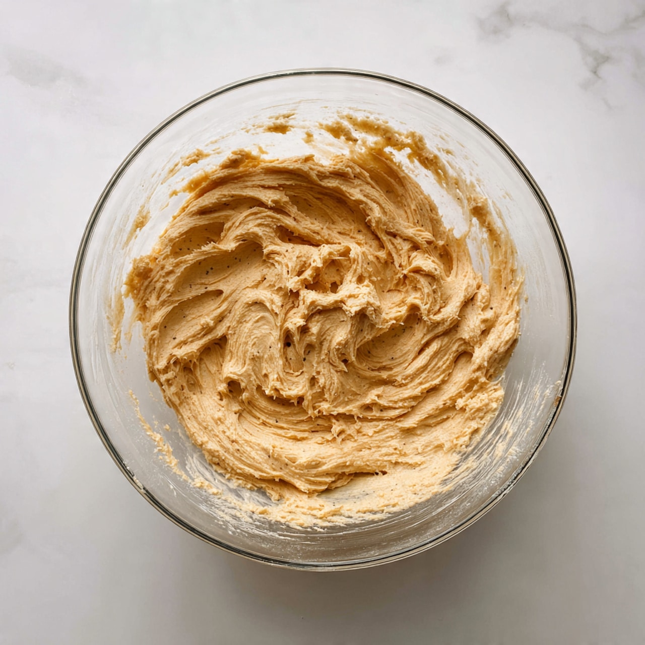 A clear glass bowl sits on a white marbled surface, filled about halfway with light brown dough that has a soft, slightly rough texture with visible small specks. The dough is thick and creamy with some peaks and swirls, showing it has just been mixed. The inside of the bowl has a light dusting of flour around the edges. Photo taken with an iphone --ar 4:5 --v 7