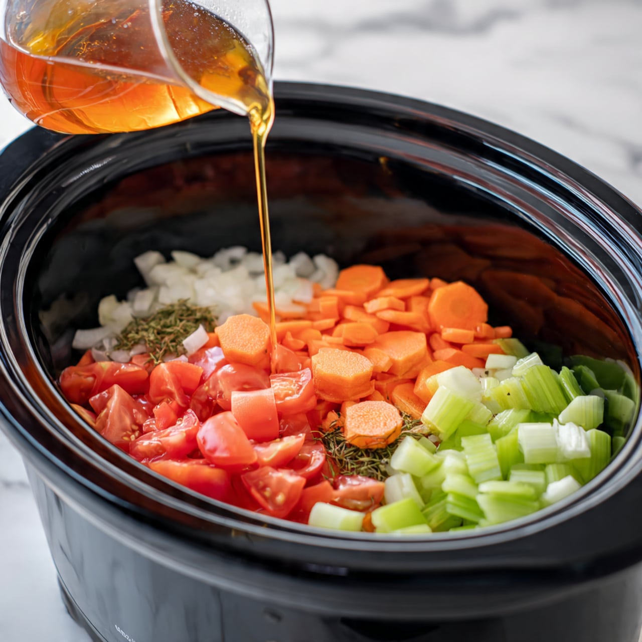 The image shows a black slow cooker filled with seven distinct layers of ingredients neatly placed side by side. Starting from the left, there are chunky red tomatoes, followed by a layer of mixed green and brown dried herbs. In the center, there is a small pile of finely chopped white garlic. Next, there are small white diced onions, then a bright green chopped celery layer, and finally, a large section of sliced orange carrots. A clear liquid is being poured into the slow cooker over the ingredients. The background surface is a white marbled texture. Photo taken with an iphone --ar 4:5 --v 7