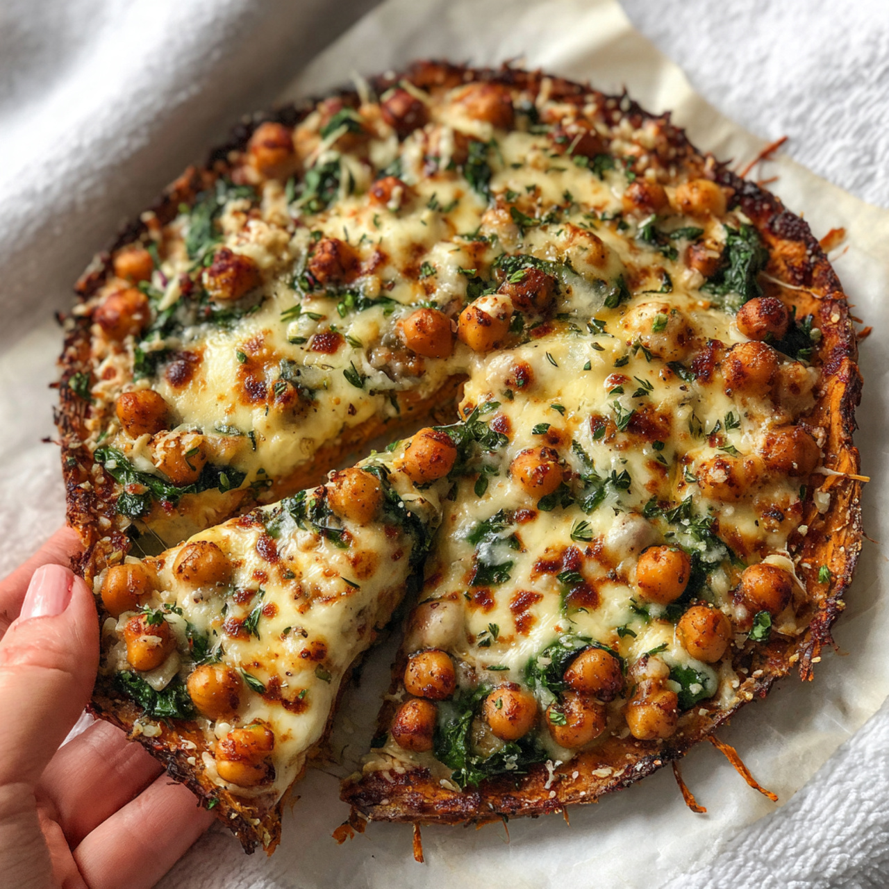 Sweet Potato Pizza Crust Recipe 5 A round pizza with a light golden crust on a brown parchment paper over a white marbled surface is shown. The base layer is a smooth orange sauce spread evenly on the crust. The next layer is thick with golden brown chickpeas spread all over the pizza. There are patches of melted light yellow cheese unevenly covering the chickpeas. Bright green fresh spinach leaves are scattered among the toppings, adding fresh color contrast. A woman's hand is gently lifting one slice from the right side of the pizza. Small bits of herbs and spice flakes are sprinkled lightly on top. photo taken with an iphone --ar 4:5 --v 7