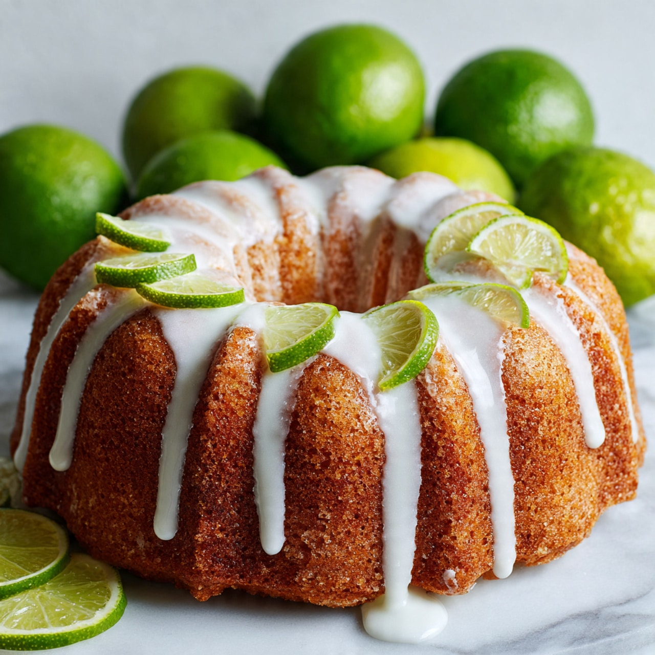 A round bundt cake sits on a white marbled surface, showing a smooth, light brown texture with a thick layer of white icing dripping down the sides in uneven, flowing shapes. The cake has deep ridges that create a scalloped edge around the top. Behind the cake, a small pile of bright green limes adds a fresh pop of color, resting directly on the white marbled texture. The lighting highlights the creamy shine of the icing and the soft crumb of the cake. photo taken with an iphone --ar 4:5 --v 7