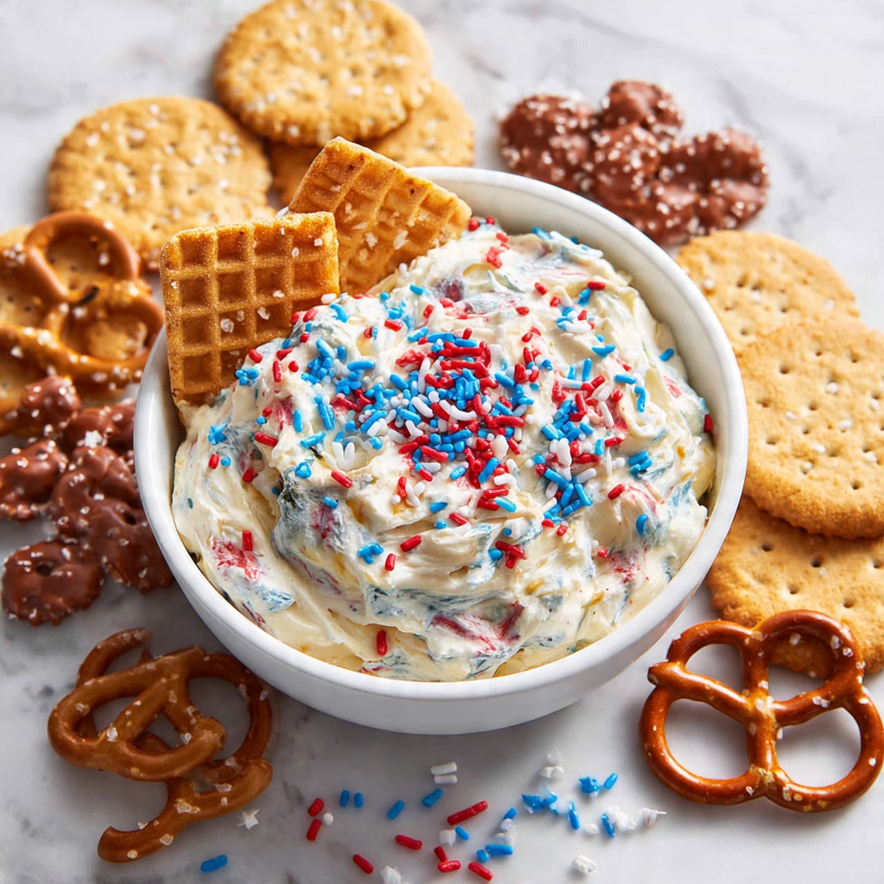 A white bowl is filled with a thick, creamy white dip that has red, white, and blue sprinkles mixed gently throughout, giving it a festive look with small star-shaped sprinkles visible on the surface. Two round, golden-brown waffle cookies are placed upright in the dip near the back edge of the bowl. Around the bowl on a white marbled surface are scattered light brown star-shaped cookies and pretzels, adding texture and color contrast. The dip’s surface looks soft and smooth with slight swirls of the sprinkles. photo taken with an iphone --ar 4:5 --v 7
