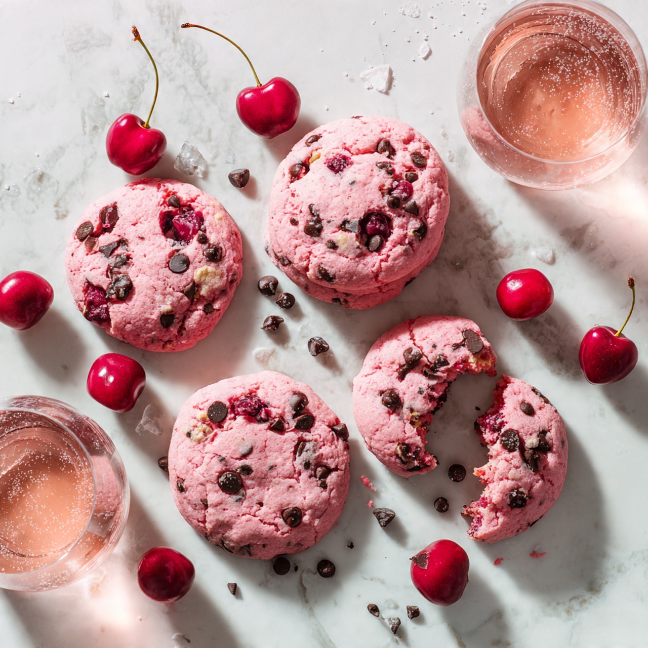 A close-up view of many round cherry chocolate chip cookies with a light red color, showing dark brown chocolate chips and bright red cherry pieces scattered on the surface and inside. The cookies are placed on a white marbled background with whole red cherries and extra dark chocolate chips around them. There are two white cups seen from above, one filled with white milk foam and the other with pink liquid. The cookies are stacked in some places, one in the center has a small piece bitten off, revealing a soft inside. The scene is brightly lit, showing the texture and shine on the cherries and chocolate chips. Photo taken with an iphone --ar 4:5 --v 7