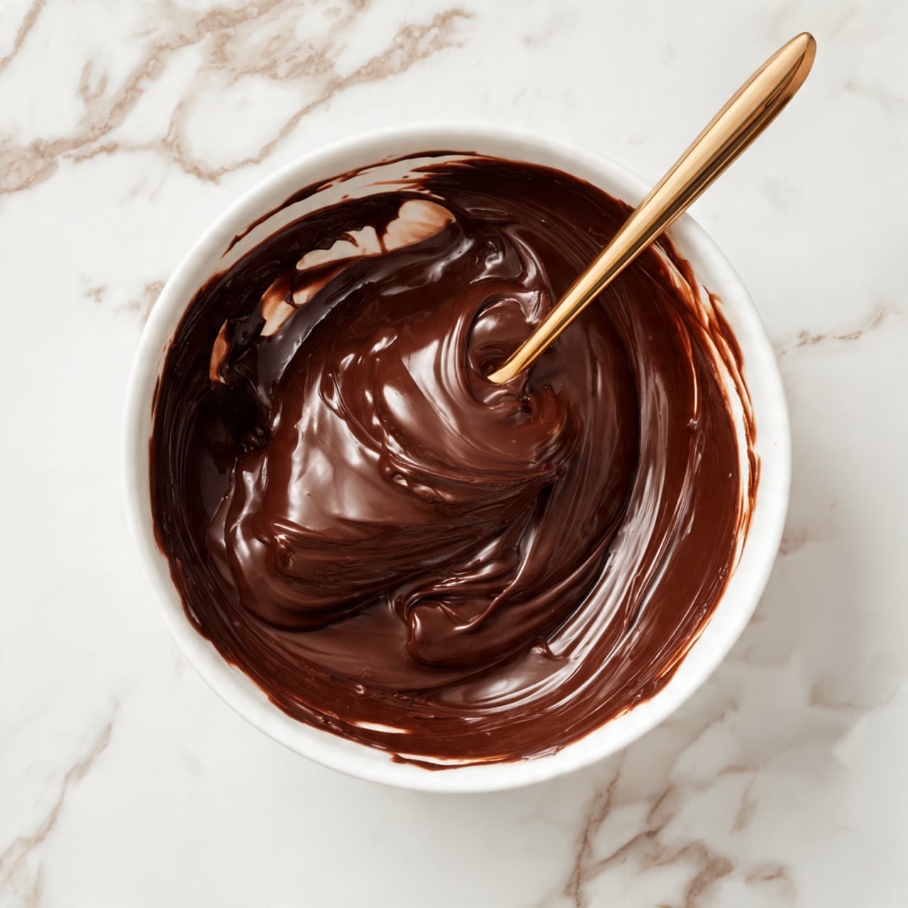 A round white bowl with thick, dark brown chocolate mixture being stirred, showing a smooth swirl pattern with some lighter brown streaks on the edges. A woman's hand holds a small metal whisk inside the bowl, which rests on a white marbled surface. Photo taken with an iphone --ar 4:5 --v 7