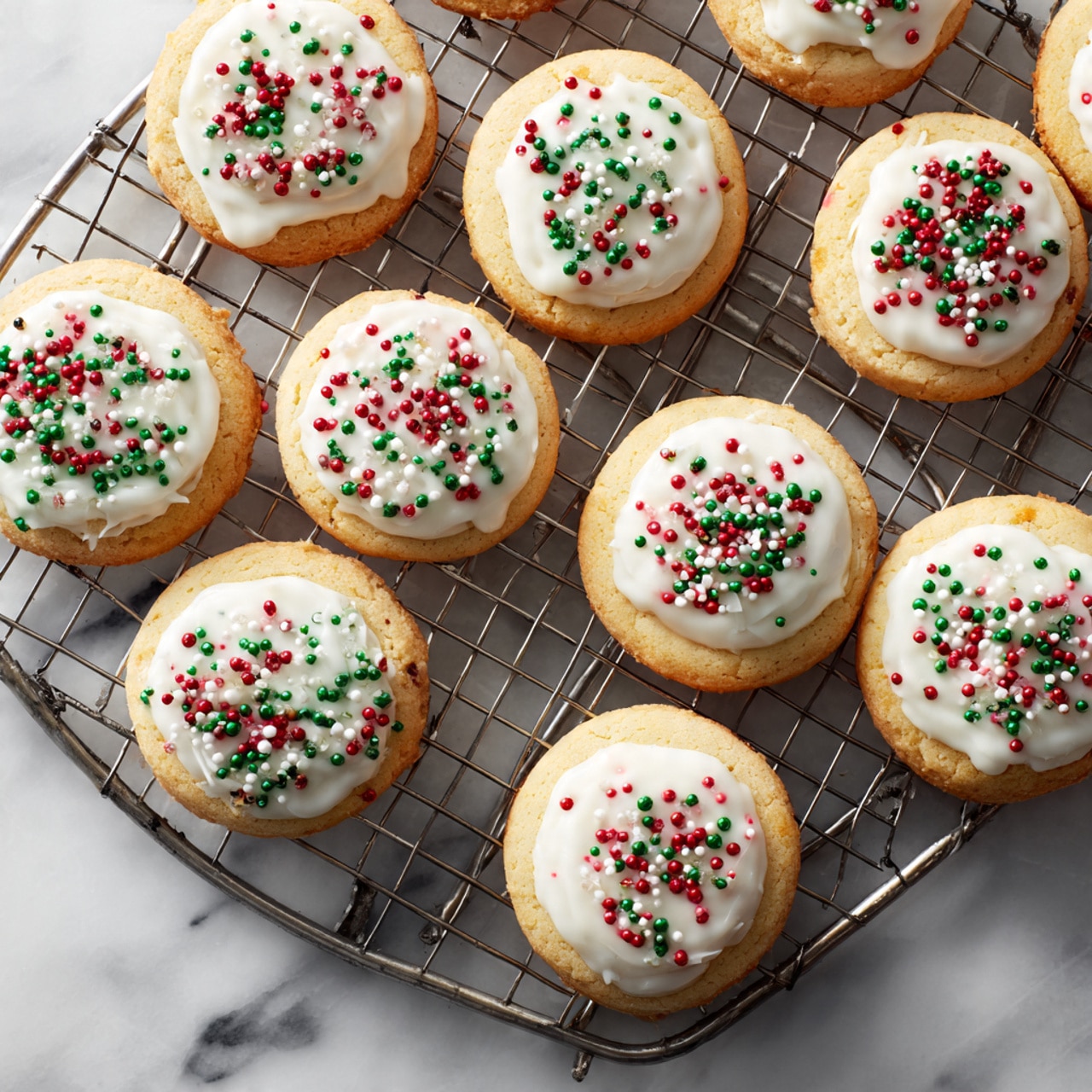 The image shows soft, round cookies with a light golden-brown base layer. Each cookie is topped with a smooth layer of white icing that drips slightly over the edges. On top of the icing, there are small red and green square-shaped sprinkles spread evenly. The cookies are placed on a metal cooling rack, with a white marbled texture visible in the background. photo taken with an iphone --ar 4:5 --v 7
