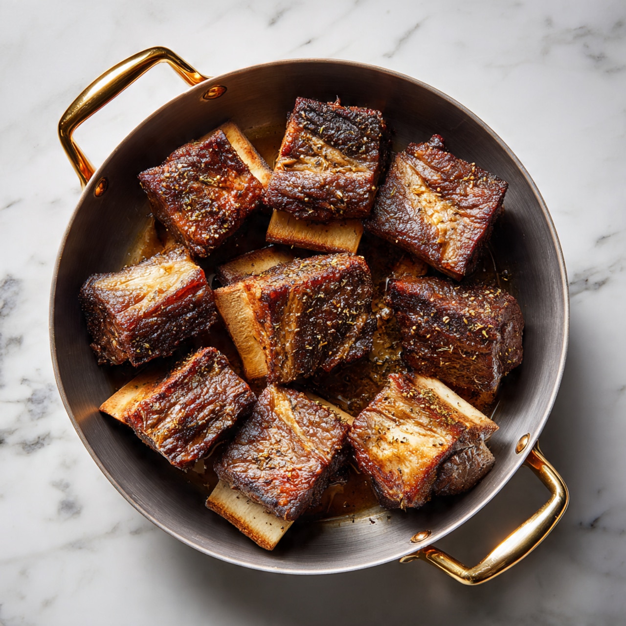 A gray cooking pot with two brass handles holds eight pieces of browned meat arranged in a single layer, each piece thick and cube-shaped with a dark brown crust seared on the outside. The meat texture looks firm with some visible grill marks and a slight shine from the cooking juices. The pot sits on a white marbled surface with soft natural light coming from above, creating mild shadows inside the pot. No additional items or garnishes are visible around the pot. Photo taken with an iphone --ar 4:5 --v 7