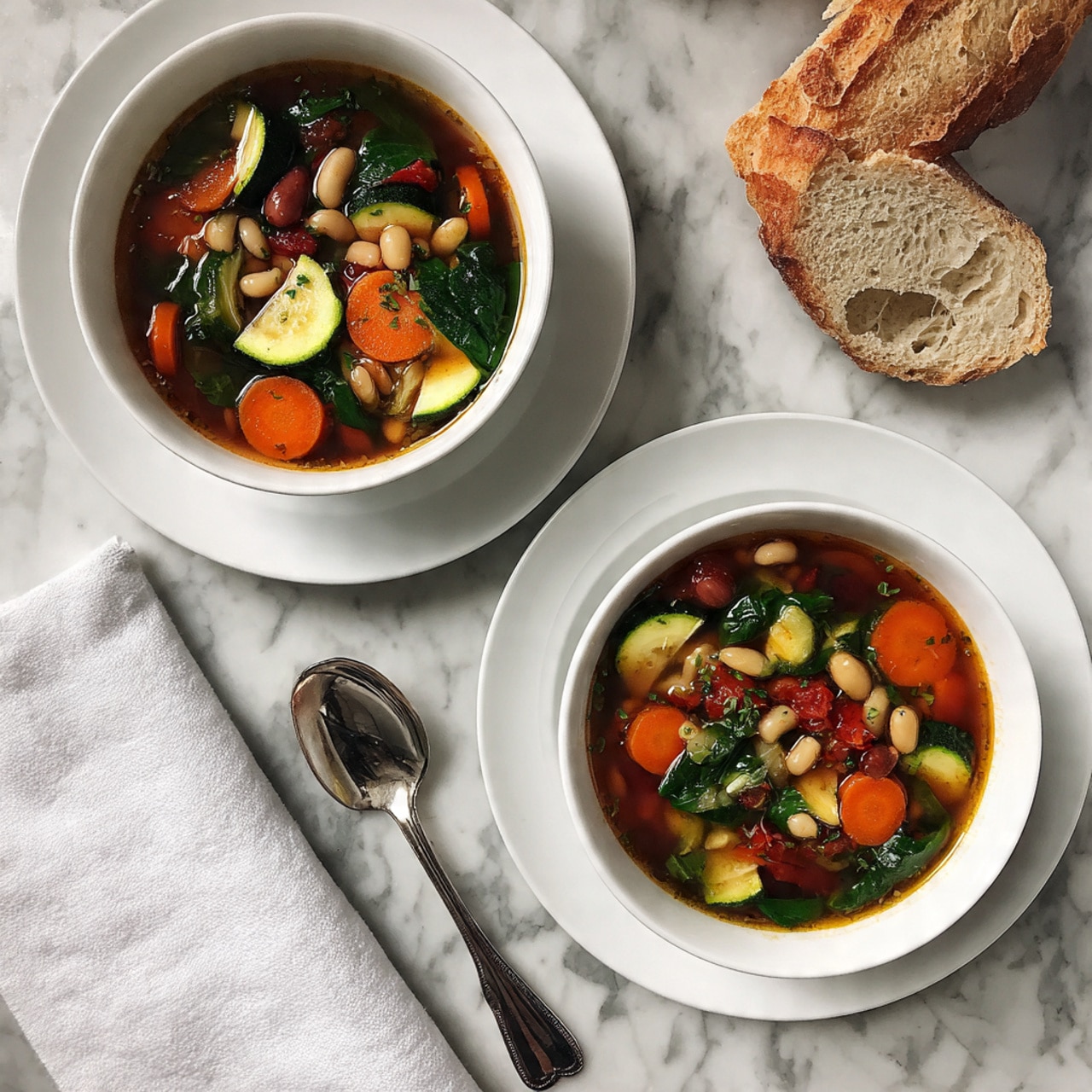 A white bowl filled with clear broth soup that has many colorful ingredients. There are three big slices of yellow zucchini, several round carrot pieces, bright green snap peas, white and dark red beans, green leafy parsley or spinach, thick red tomato chunks, and small pasta shells. The soup fills up most of the bowl, showing a mix of warm earth tones like orange, green, red, and white. The bowl sits on a white marbled surface with a piece of torn bread placed near the bowl’s right side. A spoon with a dark handle lays on the bottom left, and a gray cloth with white stripes is partially visible on the top left photo taken with an iphone --ar 4:5 --v 7