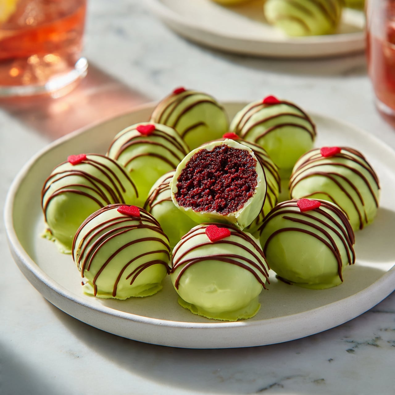 A white round plate holds many small round truffles coated in smooth light green chocolate. Each truffle has thin darker green chocolate drizzle lines on top and a small red heart decoration on the very top center. In the middle of the plate, one truffle is cut open, showing a dense, textured dark red cake center inside the green coating. The plate sits on a white marbled surface with a hint of other desserts and drinks blurred in the background. photo taken with an iphone --ar 4:5 --v 7