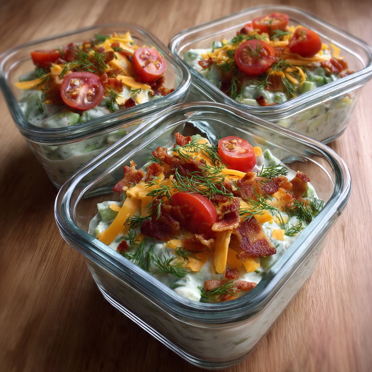 Two clear plastic containers filled with a creamy cucumber salad. The salad has thick green cucumber slices mixed with light purple onion pieces and small green dill sprigs. It is topped with orange shredded cheddar cheese and small crispy brown bacon bits. The creamy dressing coats the cucumber slices, giving a white smooth texture. The containers are placed on a white marbled surface with red cherry tomatoes and green dill around. Photo taken with an iphone --ar 4:5 --v 7