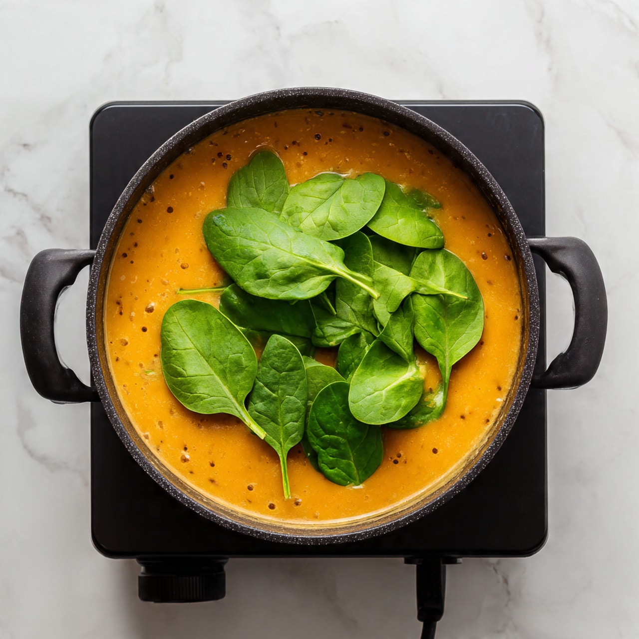 A black pot filled with orange creamy soup that has small bits of herbs and spices visible throughout. On top of the soup, there is a large layer of fresh green spinach leaves scattered all over, covering most of the surface. The pot is sitting on a black electric stove with a digital display showing the heat level set at 4. The background and surface around the stove have a white marbled texture. photo taken with an iphone --ar 4:5 --v 7