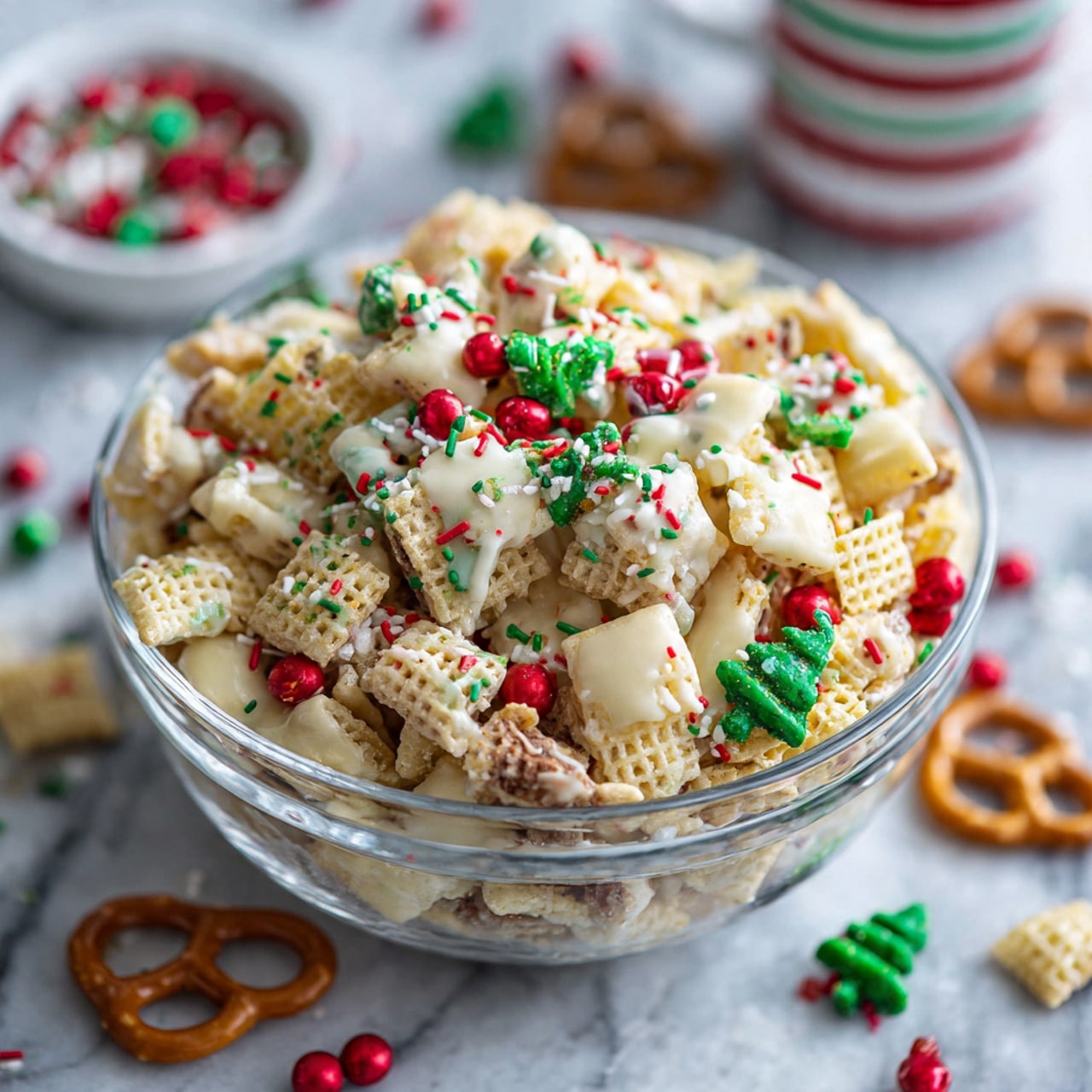 This image shows a clear glass bowl full of a colorful snack mix layered with light yellow square cereal pieces, golden pretzels, and round green and red candy pieces. The snack mix is coated in a white creamy drizzle and topped with small red, green, and white round sprinkles plus green christmas tree-shaped sprinkles. Around the bowl, there are a few scattered bits of the snack mix and sprinkles on a white marbled surface. In the background, there is a white cup with red stripes and a small white dish holding more of the small round red, green, and white sprinkles. Photo taken with an iphone --ar 4:5 --v 7