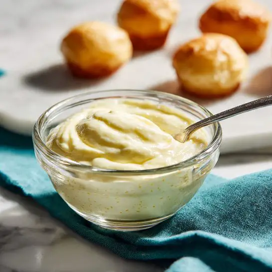 A clear glass bowl sits on a dark teal cloth on a white marbled surface, filled with thick, smooth light yellow cream that has tiny specks throughout, giving it a slightly textured look. A shiny silver spoon rests inside the bowl, dipping into the cream and creating soft swirls on the surface. In the blurry background, there are six small round light brown pastry puffs evenly spaced, resting directly on the white marbled surface. photo taken with an iphone --ar 4:5 --v 7