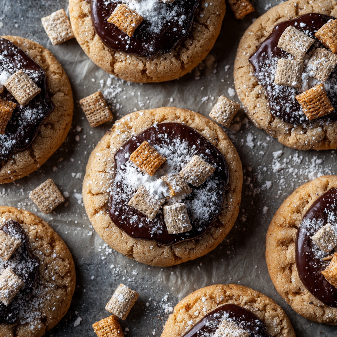 The image shows several golden brown cookies arranged on crinkled white parchment paper over a white marbled surface. Each cookie is topped with a smooth, shiny dark chocolate layer in the center, with small square cereal pieces dusted in white powdered sugar stacked on top. The cookies have a cracked texture around the edges, and one cookie in the middle has a bite taken out of it, showing a soft, moist inside. Powdered sugar is lightly sprinkled all over the cookies and the parchment paper. In the background, part of a white pie dish is visible. Photo taken with an iphone --ar 4:5 --v 7