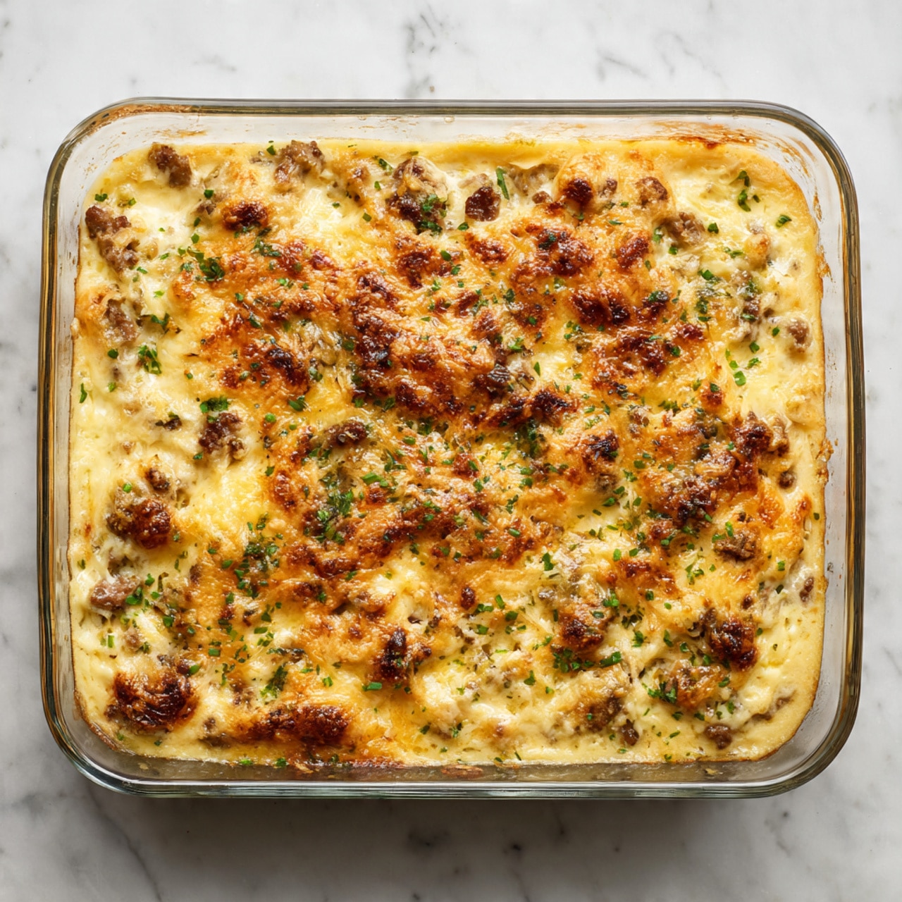 The image shows a baked dish in a clear glass rectangular baking tray. The dish has one thick layer with a golden-brown top that looks crispy and slightly bubbly, with small pieces of browned bits scattered throughout. The base is creamy with visible green herbs and small bits of meat mixed in. The texture of the top layer is cheesy and melted with some browned spots, giving it an inviting look. The tray sits on a white marbled surface. Photo taken with an iphone --ar 4:5 --v 7