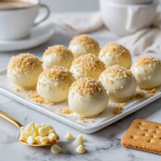 The image shows eight round dessert balls covered in smooth, pale yellow white chocolate coating, arranged neatly on a white rectangular tray lined with white parchment paper. Each ball is topped with a sprinkle of crushed light brown crumbs adding texture. In the foreground, there is a small golden spoon holding some white chocolate chips, with a few chips scattered nearby on a white marbled surface. A whole square light brown graham cracker rests close to the bottom right corner. In the background, there is a white cup and saucer slightly out of focus, sitting on the white marbled surface. photo taken with an iphone --ar 4:5 --v 7