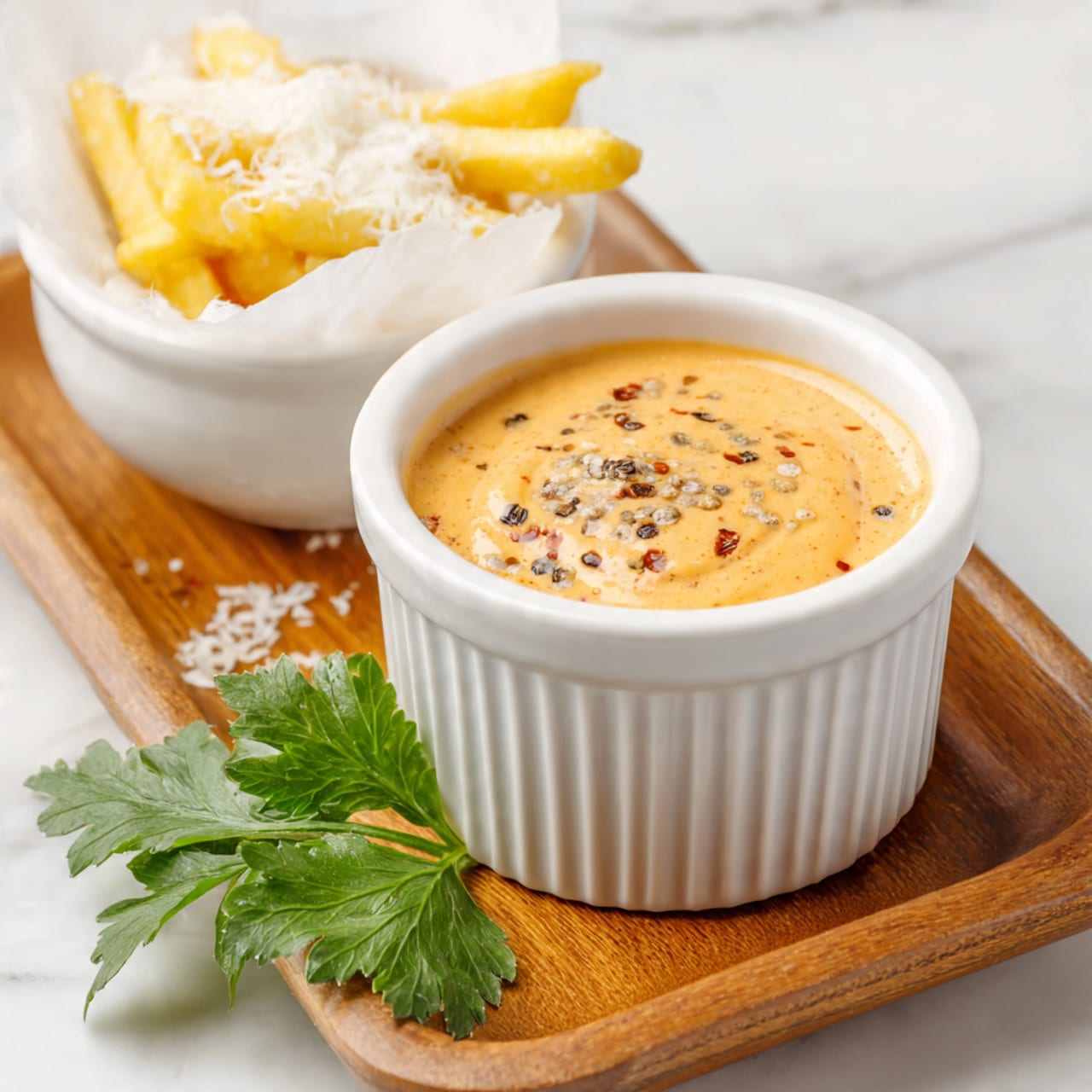 A small white ribbed ramekin filled with a creamy, light orange sauce speckled with black pepper and small bits, showing a slightly swirled texture on top, placed on a wooden tray with a fresh green parsley leaf beside it; in the top left corner, there is a white bowl lined with white parchment paper holding golden yellow crispy fries sprinkled with finely grated white cheese, with one fry lying on the tray near the ramekin; the background is a white marbled texture; photo taken with an iphone --ar 4:5 --v 7