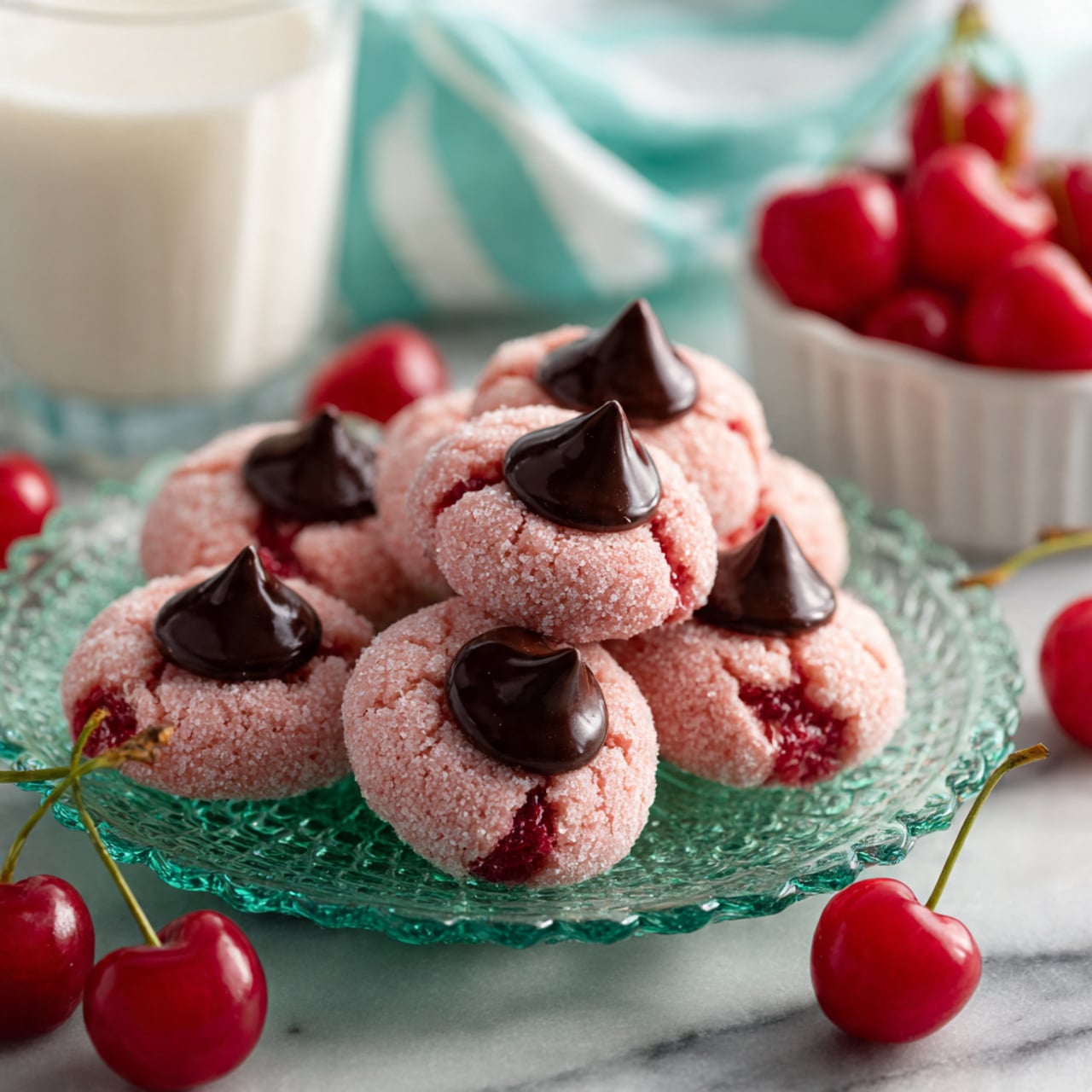 The image shows a green glass plate filled with round pink cookies that have small red cherry pieces baked inside. On top of each cookie is a smooth, shiny, dark brown chocolate kiss placed in the center. One cookie is broken in half at the front, showing the soft, crumbly texture inside with a cherry piece and a chocolate kiss center. Around the plate, there are bright red cherries, some loose and some in a white ramekin. A tall glass of white milk is placed in the background on a white marbled surface, and a white cloth with pastel stripes lies in the bottom left corner. A woman's hand holds one cherry near the white ramekin. photo taken with an iphone --ar 4:5 --v 7
