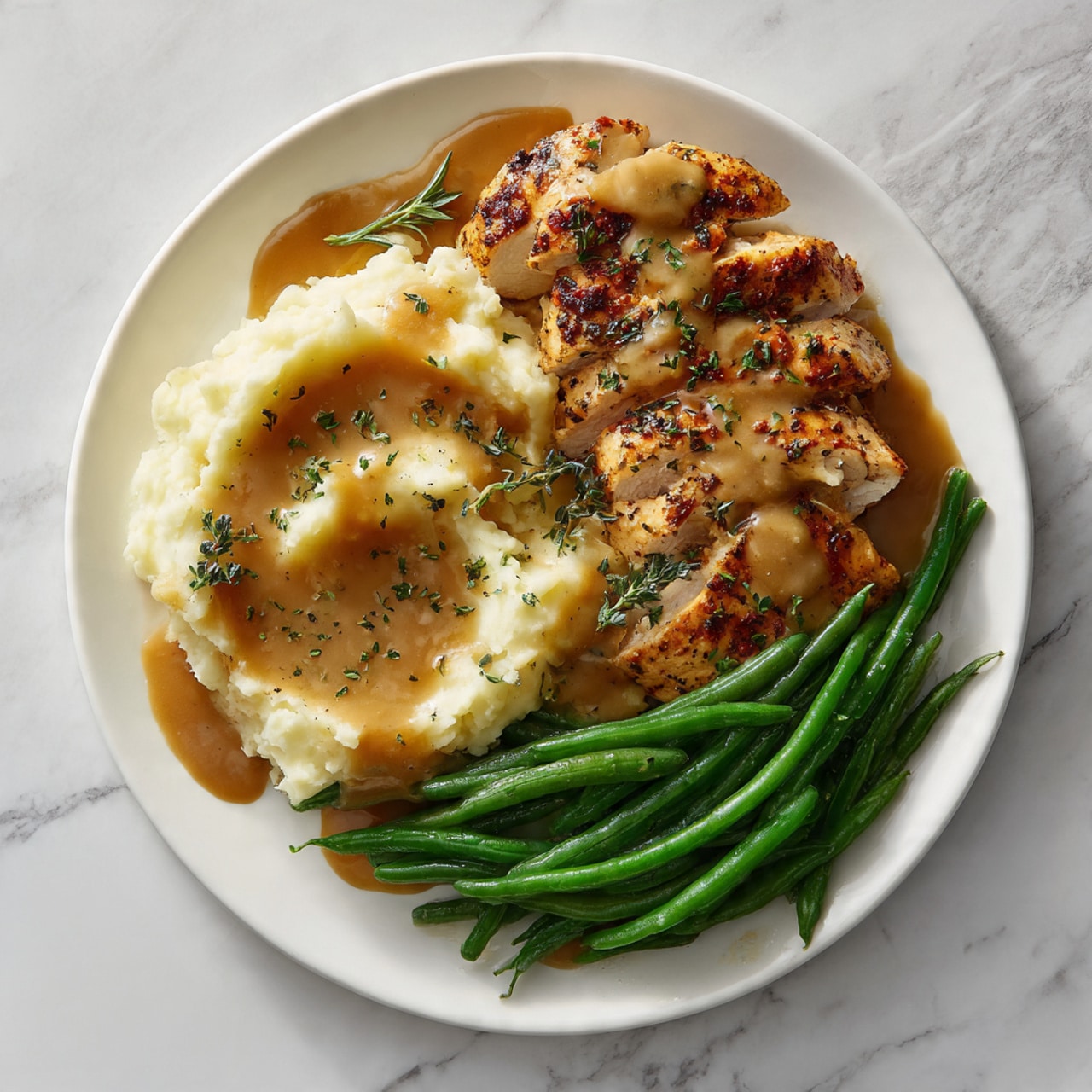 The image shows a white-handled black frying pan placed on a white marbled surface. Inside the pan are four browned chicken pieces, each with a golden, slightly crispy texture on top. The chicken breasts are sitting in a creamy beige sauce that looks smooth and thick, lightly covered with small specks of black pepper and chopped green herbs scattered on top for garnish. The sauce fills the pan so it surrounds and partly covers the chicken, creating a rich and inviting look. Photo taken with an iphone --ar 4:5 --v 7