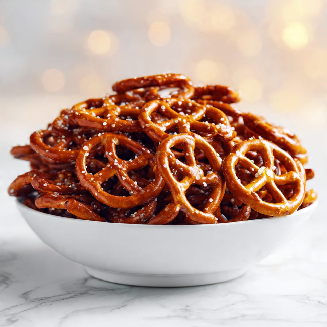 A white bowl filled with many small pretzels that are brown and slightly shiny, piled high to form a loose mound. The pretzels have a rough texture with salt specks visible on them. The bowl sits on a white marbled surface with a blurry orange and light blue background. The photo taken with an iphone --ar 4:5 --v 7