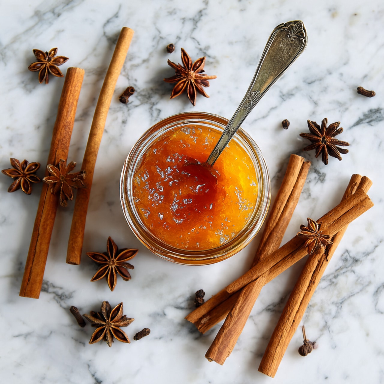 The image shows a small clear glass jar filled with smooth orange marmalade with a spoon resting inside, its bowl coated with the thick spread. Above the jar, there is a whole bright orange fruit with a bumpy texture. To the right of the jar and orange, two cinnamon sticks lie side by side, with a dark brown star anise and a few small cloves scattered below them. All items are on a white marbled surface that adds a soft, clean look. The overall colors are warm shades of orange and brown, highlighting the cozy spice theme. Photo taken with an iphone --ar 4:5 --v 7