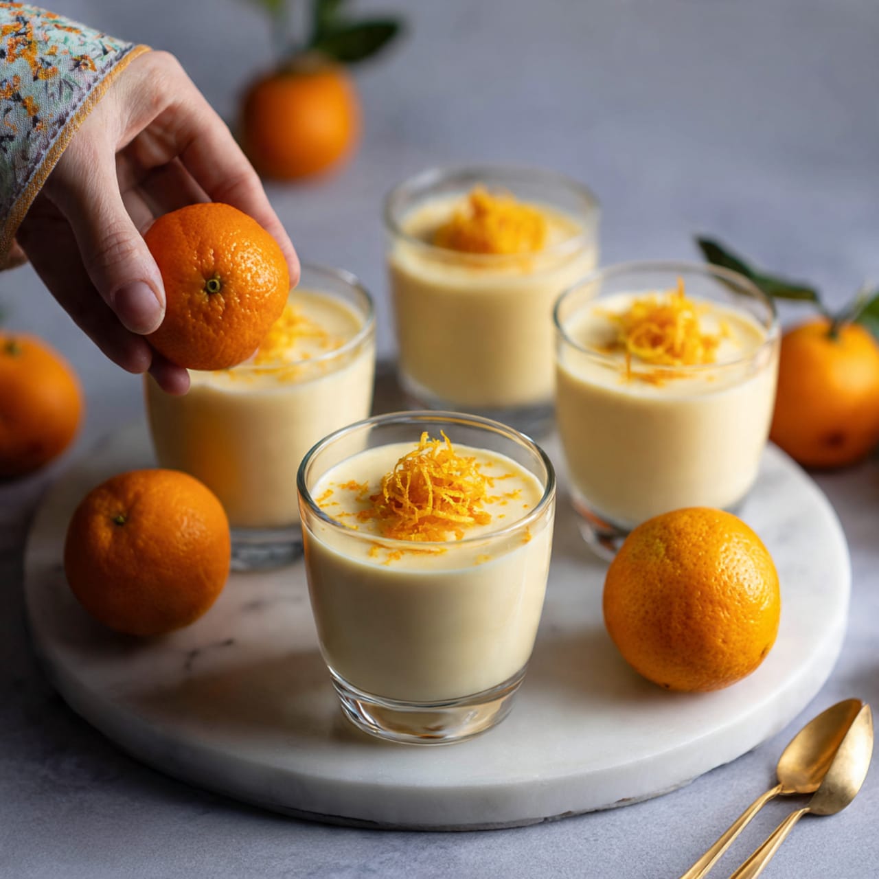 The image shows four small clear glass cups filled with a smooth light yellow creamy dessert topped with small orange zest pieces. The cups are placed on a round white plate resting on a white marbled surface. Around the plate, there are two whole oranges and one half orange showing the juicy inside. Soft natural light shines from the side, creating gentle shadows and a bright, fresh look. Photo taken with an iphone --ar 4:5 --v 7