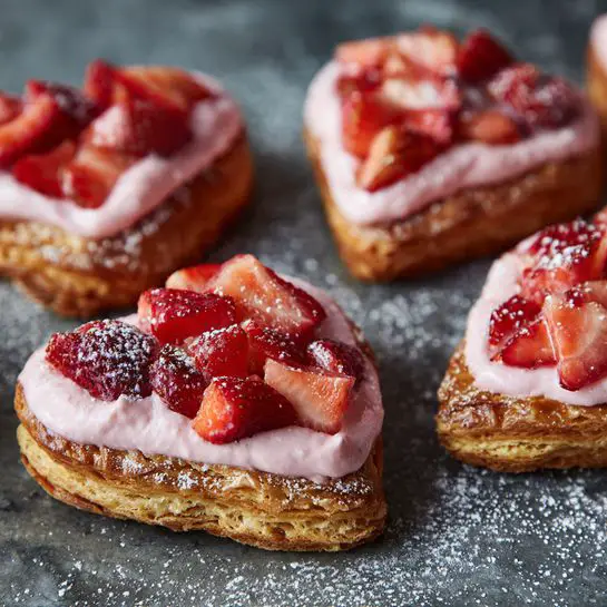 A dark plate holds seven heart-shaped pastries arranged in a circular pattern. Each pastry has a golden, flaky crust forming the outer layer, with a slightly puffed texture. Inside, there is a filling made of chopped red strawberries and a bright red berry jelly, giving a shiny and chunky texture. The pastries are lightly dusted with powdered sugar, creating a delicate white sprinkle across them and the plate. The plate sits on a white marbled surface with a red cloth partially visible in the background. Photo taken with an iphone --ar 4:5 --v 7