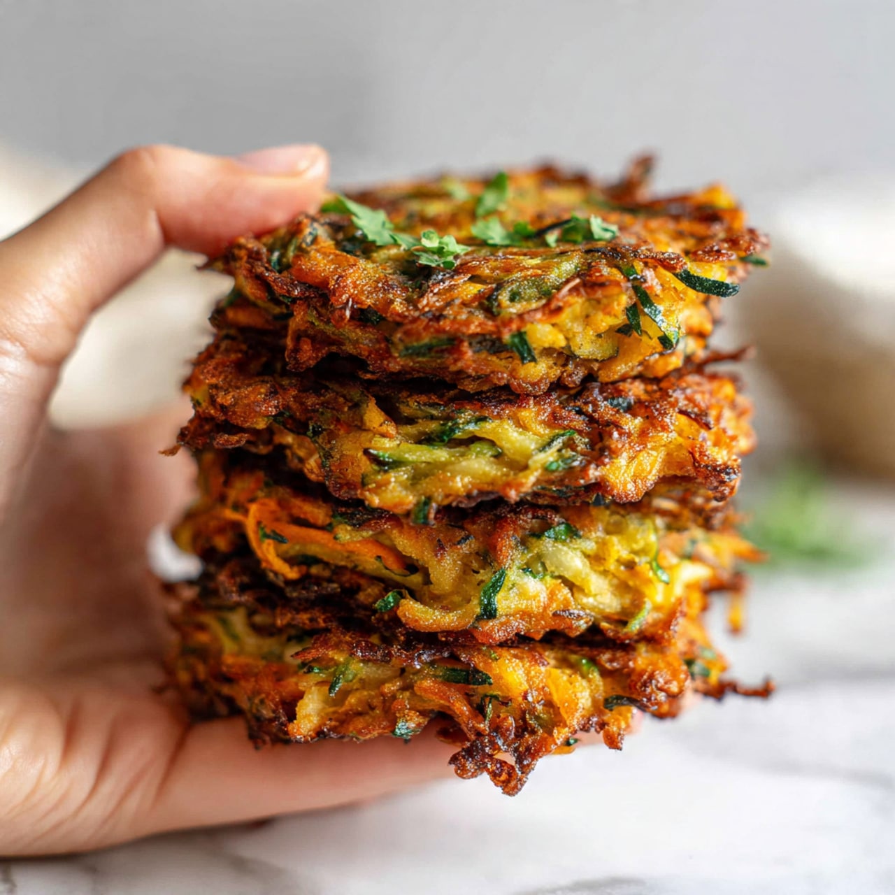The image shows a close-up of a stack of three golden-brown fried fritters with a crispy texture. Each fritter has visible pieces of green and orange vegetables inside, creating a mix of warm yellow, orange, and green colors throughout the layers. The fritters look crunchy and thick with uneven, bubbly edges, and a woman's hand is holding the top fritter gently. The background is blurred but hints at bright colors, and the fritters rest on a white marbled surface. photo taken with an iphone --ar 4:5 --v 7
