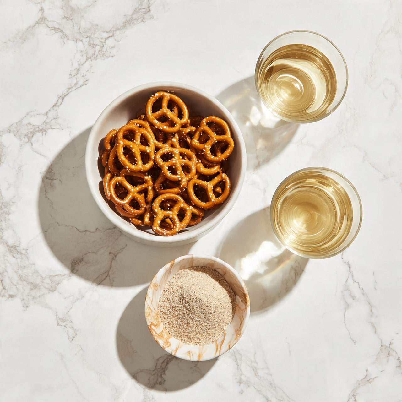 A top view of one white bowl filled with golden brown pretzels with slight salt flakes on top, placed in the center of the image. Below the bowl of pretzels is a small white marbled bowl containing a fine light gray powder. On each side of the small bowl are two clear glass cups filled with light yellow liquid. The items are placed on a white marbled textured surface with soft warm lighting. photo taken with an iphone --ar 4:5 --v 7