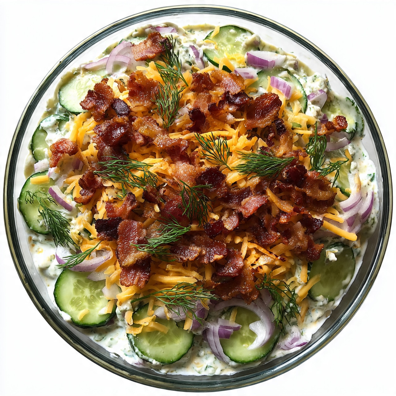 A large clear glass bowl filled with layers of sliced green cucumbers covered in creamy white dressing mixed with fresh green dill. Scattered on top and throughout are bright orange shredded cheddar cheese, small pieces of crispy reddish-brown bacon, and purple chopped red onions. There are also small red cherry tomato halves peeking through the mix. The bowl sits on a white marbled surface. photo taken with an iphone --ar 4:5 --v 7