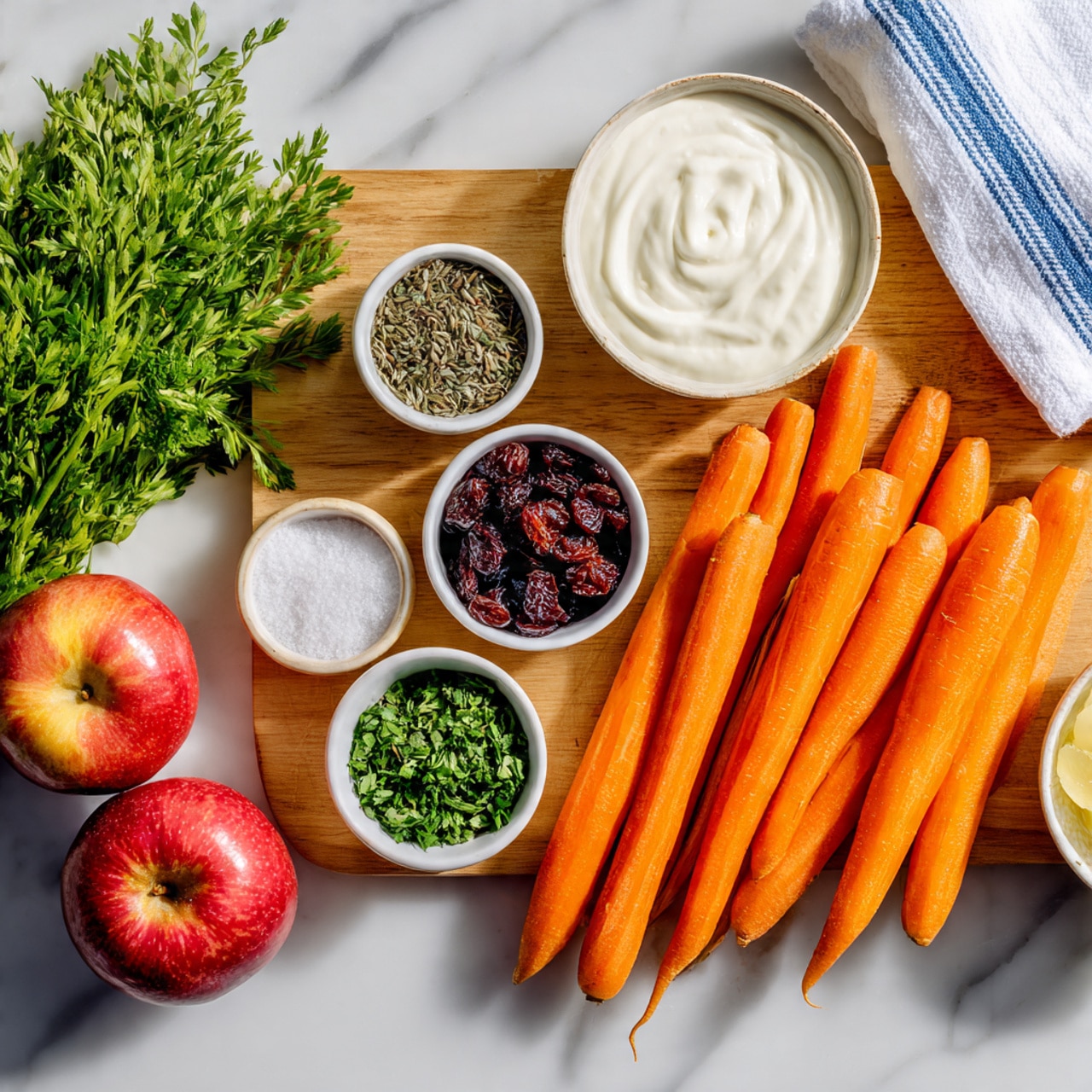 The image shows a wooden board with several ingredients arranged neatly on a white marbled surface. There are three large, bright orange carrots placed on the right side. Two red apples with a shiny skin are at the front of the board on the lower left. On the wood board, from left to right, there is a small white ramekin full of mixed salt and pepper, a clear empty glass bowl, a clear glass bowl filled with white granulated sugar, a glass bowl with dark brown raisins, a white bowl filled with green chopped herbs, and a white ramekin holding creamy white yogurt or mayonnaise. A white towel with blue stripes is folded in the background. photo taken with an iphone --ar 4:5 --v 7
