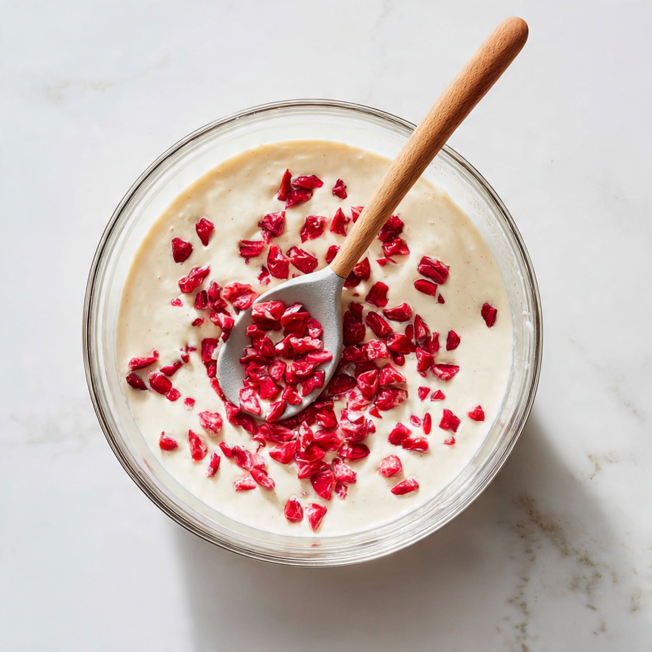 A clear glass bowl sits on a white marbled surface, filled with a creamy off-white mixture that has a smooth texture. On top of this base, there is a scattered layer of bright red pieces with a slightly shiny appearance, evenly spread over the surface. A wooden spoon with a gray scoop is partly immersed in the bowl, resting on the side with some red pieces on it. The scene is softly lit, giving a fresh and simple look. photo taken with an iphone --ar 4:5 --v 7