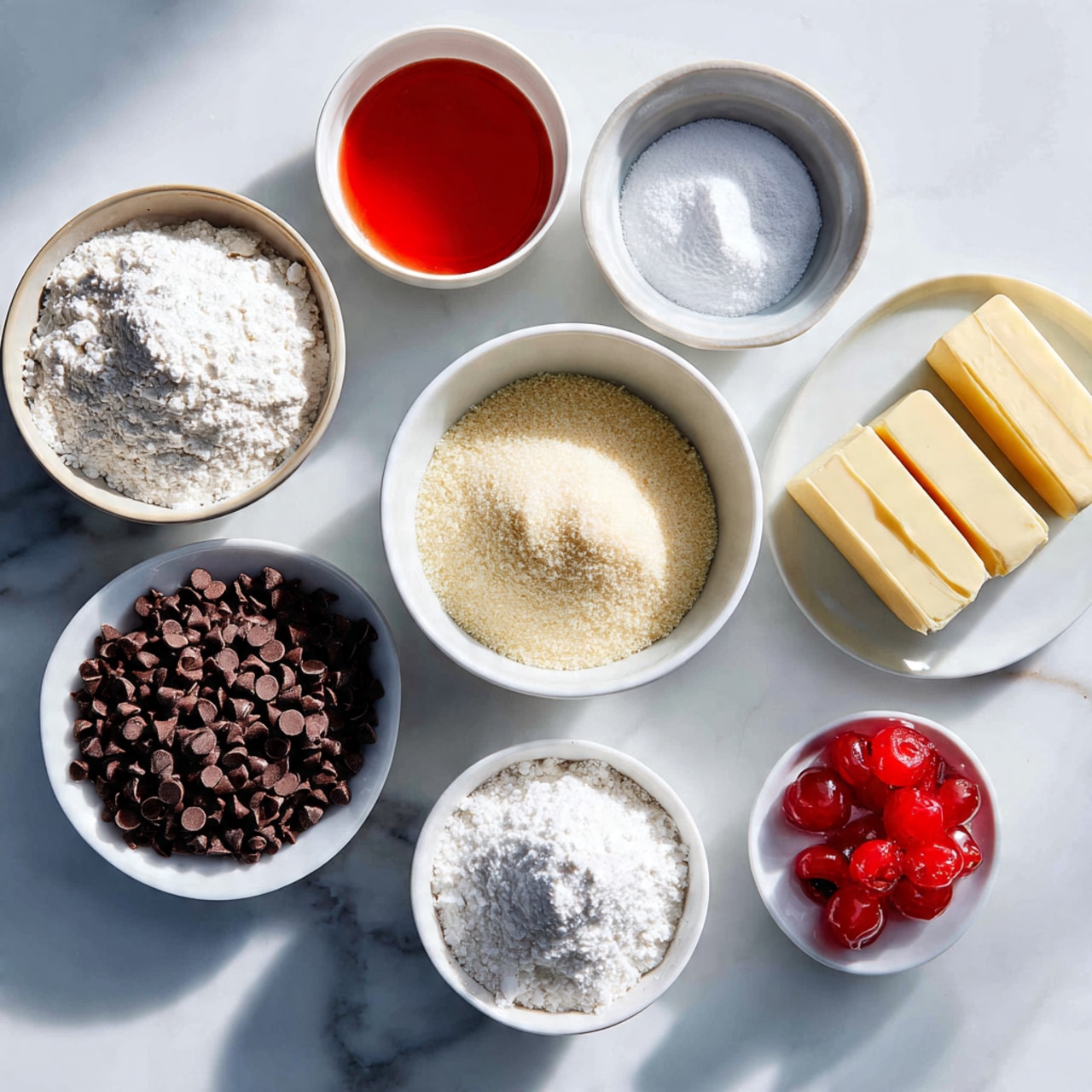 A top view of several white bowls and dishes arranged neatly on a white marbled surface, each holding baking ingredients: one bowl with bright red liquid, another with fine white sugar, one smaller bowl with a light powder, a bowl of brown chocolate chips, and a bowl filled with white powdered sugar. Next to them are two sticks of butter in their wrappers and a small white dish with bright red chopped cherries, all evenly spaced in a clean, simple layout. Photo taken with an iphone --ar 4:5 --v 7