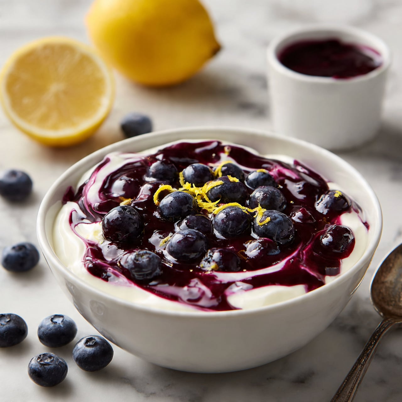 A white bowl filled with a smooth, thick white yogurt layer as the base, topped with a swirl of deep purple blueberry sauce mixed into the yogurt, creating a marbled pattern, with a small pile of whole blueberries placed slightly off-center on top, sprinkled with small bits of yellow lemon zest. There is a small white ramekin with more blueberry sauce in the background on a white marbled surface, and a silver spoon is partially visible on the right side behind the bowl. Photo taken with an iphone --ar 4:5 --v 7