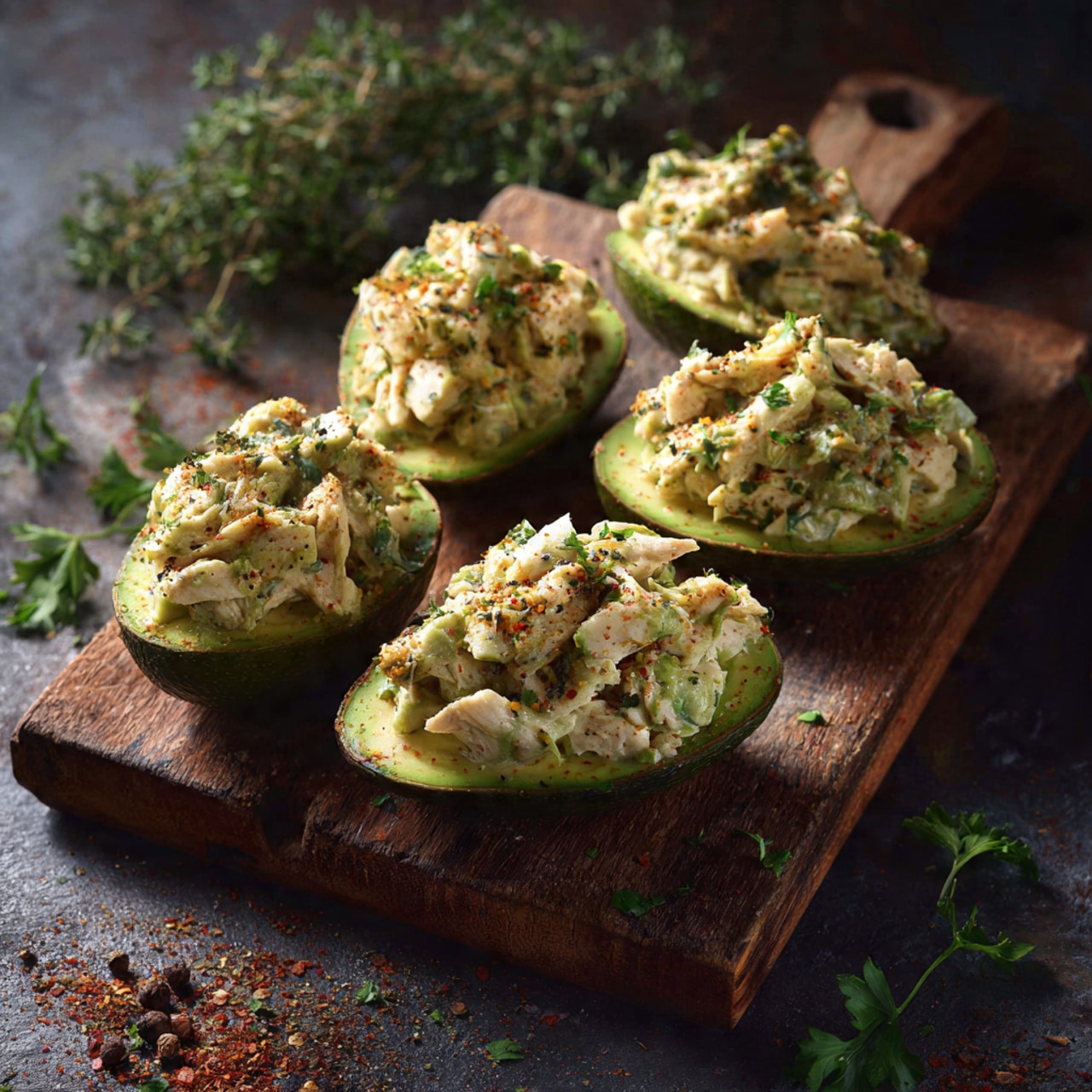 The image shows four avocado halves filled with a creamy white salad mixture that has small pieces of purple onion and green herbs mixed in. Each avocado half is a bright green with a smooth texture and is sprinkled with tiny red spices on top. The filling looks chunky with visible bits of salad ingredients, and there are small green herb pieces scattered over the salad for decoration. The avocados are placed close together on a wooden board with a warm, natural tone. Photo taken with an iphone --ar 4:5 --v 7