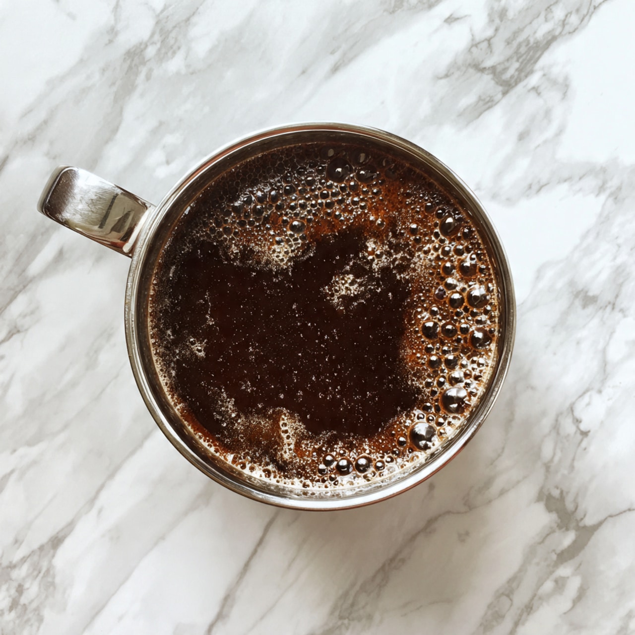 A small silver saucepan filled with a dark brown thick liquid, smooth and glossy, with small bubbles gently rising on the surface, steam softly rising from the top showing it is hot, resting on a white marbled texture background photo taken with an iphone --ar 4:5 --v 7