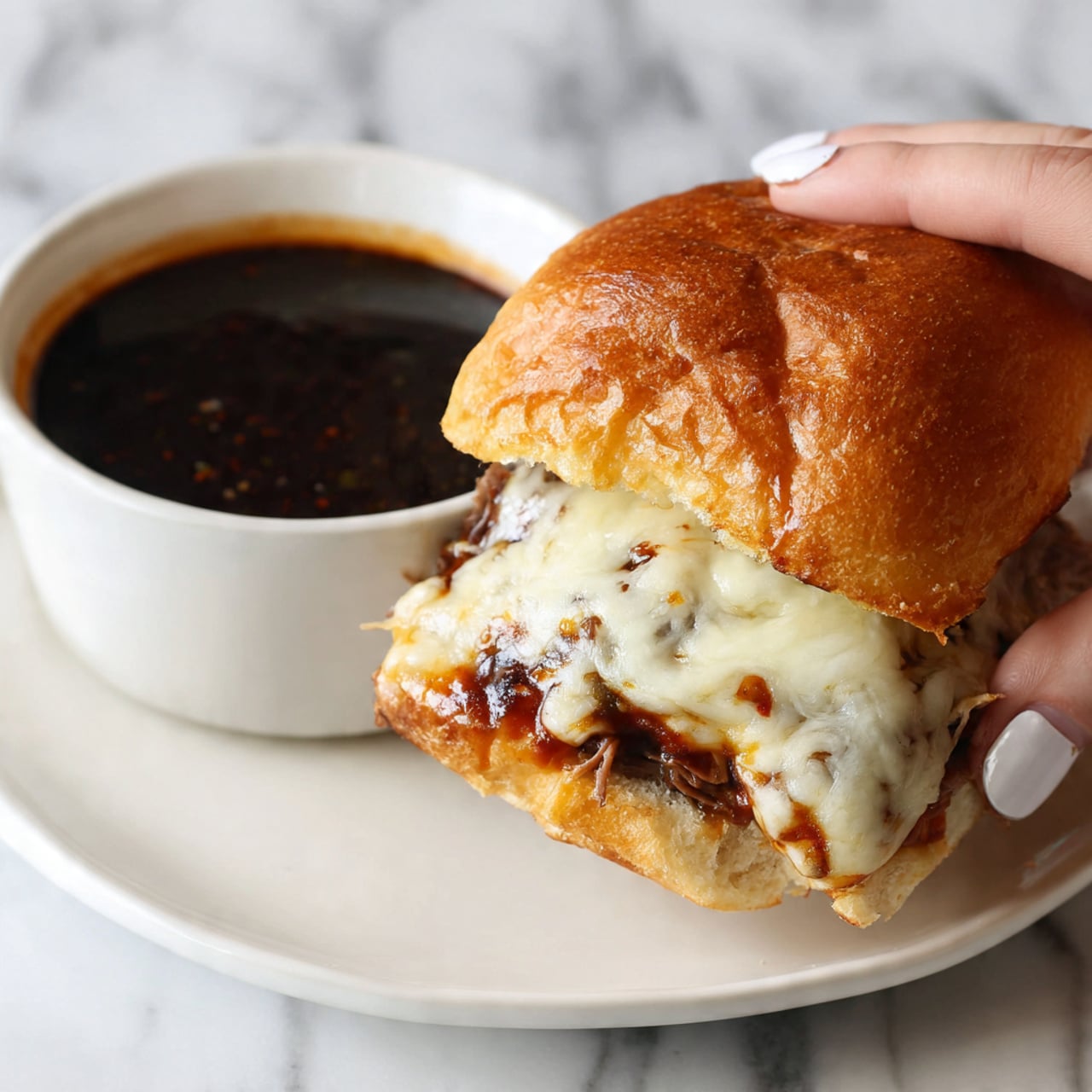 A close-up view of a sandwich held by a woman's hand, showing a soft, light golden bun on top and bottom. Inside, there are layers of shredded brown meat with melted cheese draping down, creating a rich, juicy texture. The sandwich is being dipped into a small white bowl filled with dark brown sauce, with slight drips falling from the sandwich into the bowl. The background has a white marbled texture with some blurred rolls and meat pieces visible. The lighting is bright and natural, highlighting the sandwich's texture and moisture. photo taken with an iphone --ar 4:5 --v 7