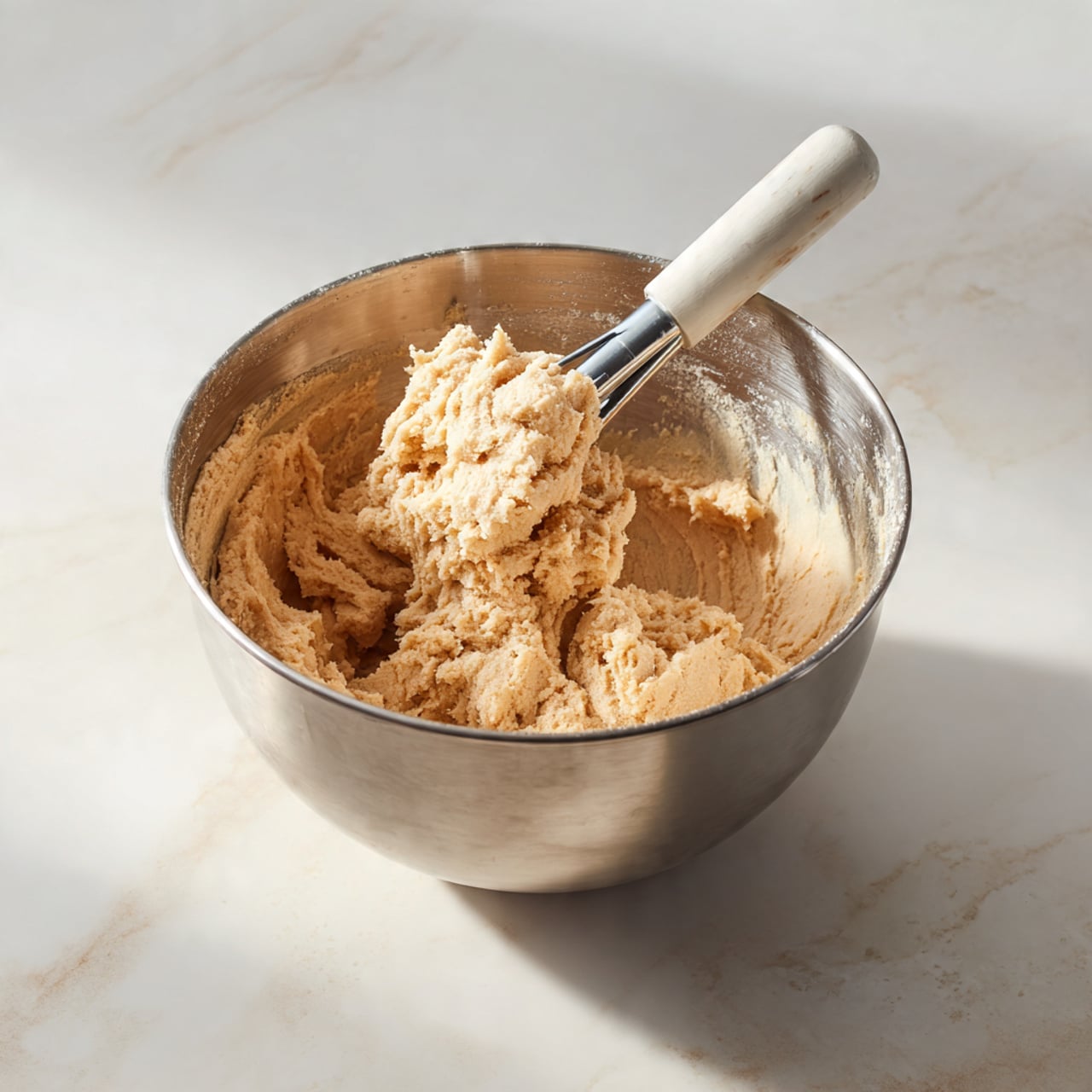 A close-up of a metal mixing bowl filled with light tan cookie dough. The dough looks soft and slightly crumbly, clinging thickly to a white mixer paddle attached to a stand mixer. The bowl’s inside edge is shiny and clean with some dough stuck near the top. The background surface is a white marbled texture. photo taken with an iphone --ar 4:5 --v 7