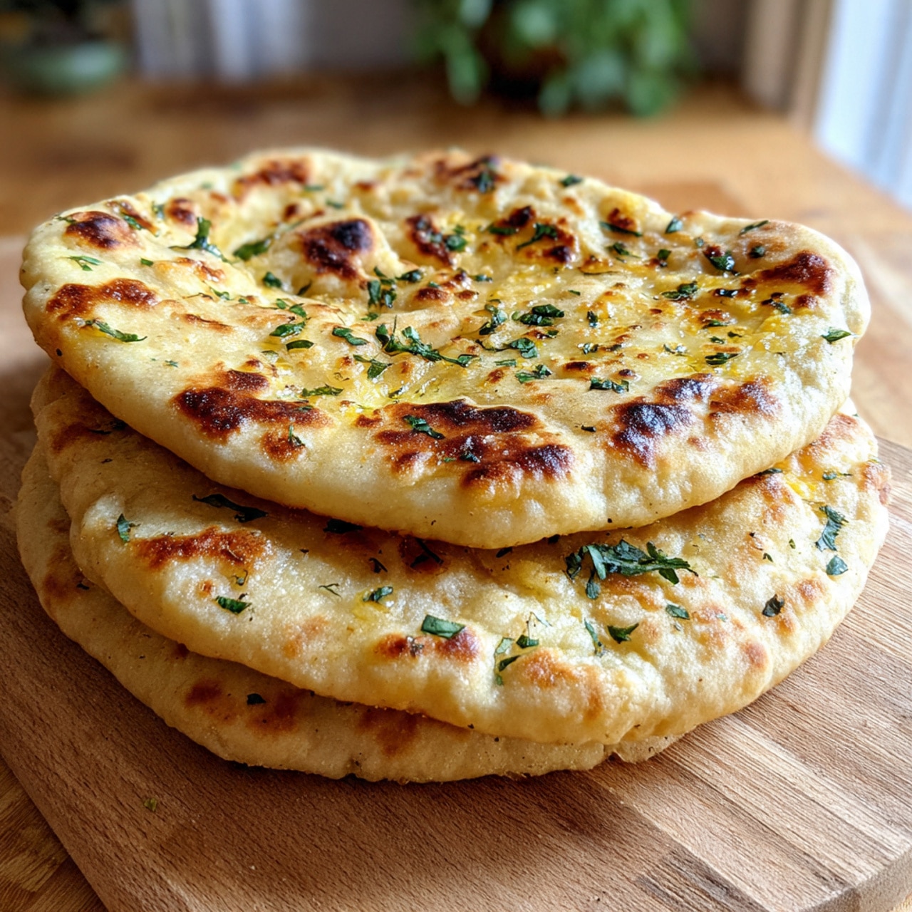 A stack of three round flatbreads with a light golden color and some darker toasted spots is shown on a wooden board. The top flatbread has small green herb pieces sprinkled over it, adding a fresh touch. Each flatbread looks soft with slight air bubbles and a shiny surface from being brushed with oil or butter. The flatbreads have a slightly puffy texture with light brown spots and a smooth, warm look. The background is softly blurred, giving focus to the flatbreads. Photo taken with an iphone --ar 4:5 --v 7