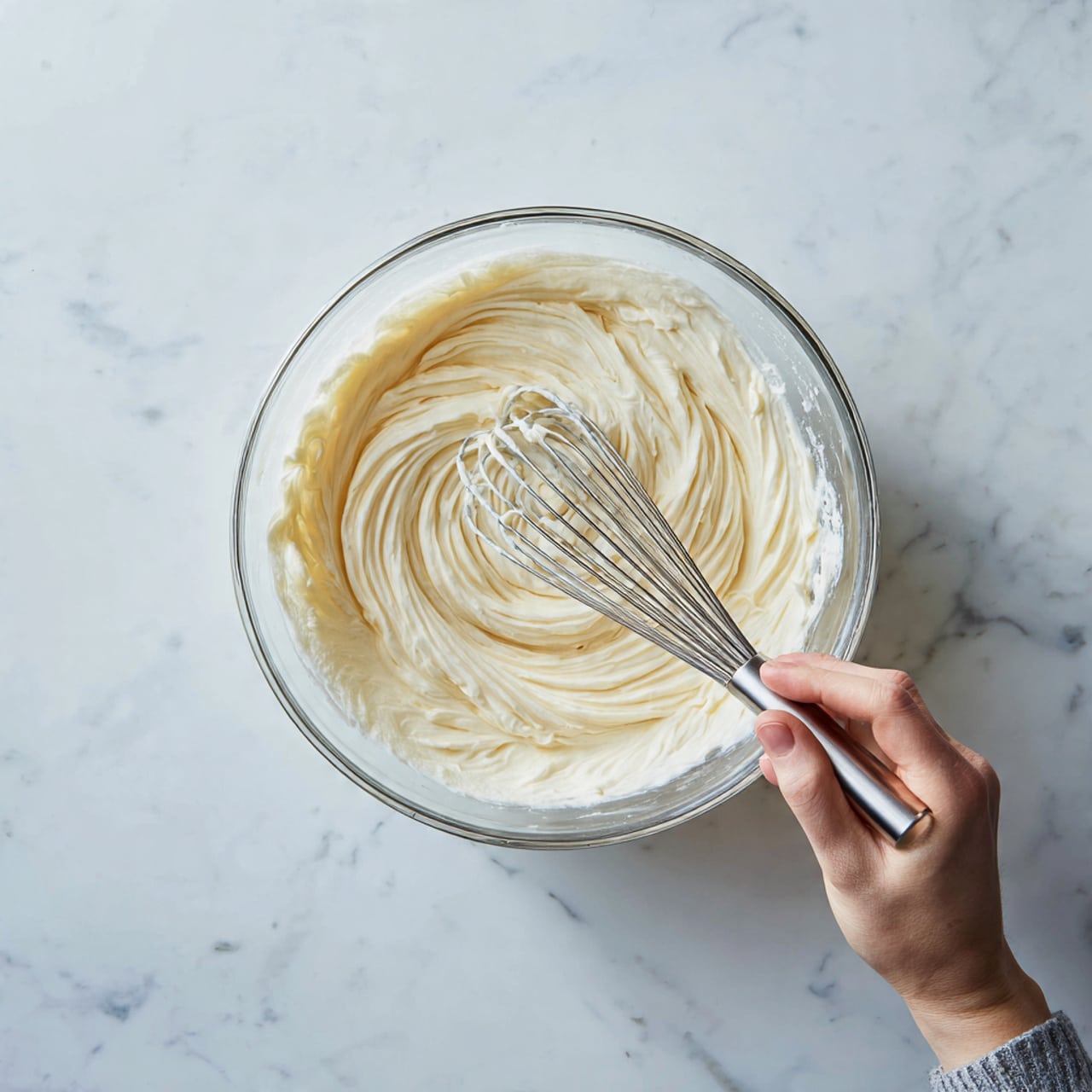 A close-up shot of a glass bowl filled with smooth, creamy white batter. A woman's hands hold a metal whisk inside the bowl, mixing the thick and fluffy mixture, creating soft peaks and swirls on the surface of the batter. The bowl sits on a white marbled textured surface, with natural lighting highlighting the glossy texture of the batter. Photo taken with an iphone --ar 4:5 --v 7